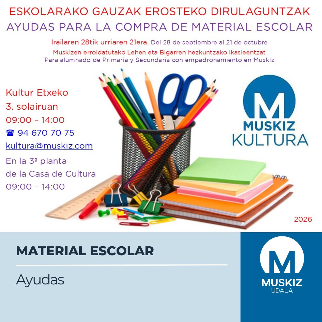 Muskiz's tweet photo. 📌 Muskiz destina 25.000 € a ayudas para la compra de libros y material escolar.
👇👇👇
https://t.co/iiRXayI8V4

          ➖➖➖➖

📌 Muskizek 25.000 € bideratuko ditu liburuak eta eskola-materiala erosteko dirulaguntzetarako
👇👇👇
https://t.co/1ztxl01WPi

#Muskiz https://t.co/AFTzSfKG5U