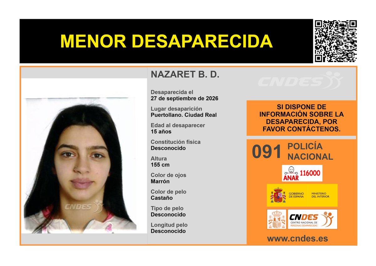 cndes_oficial's tweet photo. ⚠️𝘼𝙇𝙀𝙍𝙏𝘼⚠️

ℹ️15 años
🧐Desapareció: #Puertollano 

🔁RT📲para ayudar a su localización
Si tienes noticias de su paradero:
📞091 @policia 
📩https://t.co/yAw1peSv3x
☎️ 116000 @FundacionANAR 
🔗Canal oficial @cndes_oficial 
#CiudadReal #CastillaLaMancha https://t.co/5pDlodcRFd