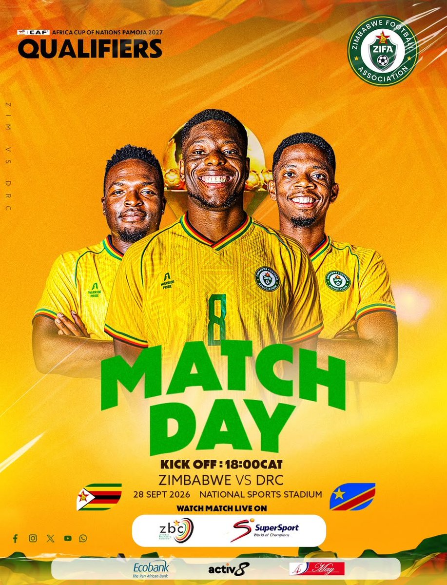 online_zifa's tweet photo. 𝗕𝗔𝗖𝗞 𝗛𝗢𝗠𝗘. 𝗥𝗘𝗔𝗗𝗬 𝗧𝗢 𝗥𝗢𝗔𝗥! 🇿🇼

⚽ Zimbabwe 🆚 DR Congo

⏰ 18:00 CAT | 📺 ZBC &amp; SuperSport

🎟️ SOLD OUT! 

#GombaNgarizare #Bayawabaya https://t.co/Y2s4jpnx4q