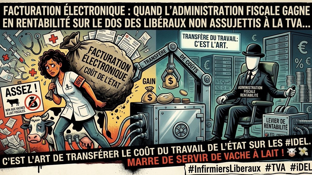 Charmillon90856's tweet photo. Facturation électronique : quand l’administration fiscale gagne en rentabilité sur le dos des libéraux non assujettis à la TVA…
C’est l’art de transférer le coût du travail de l'État sur les #IDEL.
Marre de servir de vache à lait ! 🐄💸
#InfirmiersLiberaux #TVA #SanteEnColere https://t.co/fcP5aXXHJO