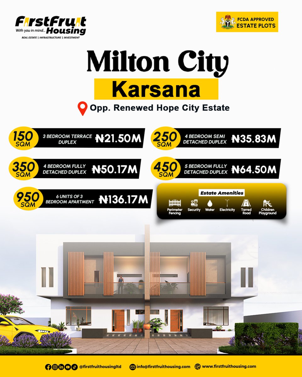 Firstfruitltd's tweet photo. Effective today, prices across Green Haven,Karsana, Milton City, Karsana and Firstfruit Peninsula, Ketti have been reviewed to reflect the development across these estates and changes in the real estate market.

#FirstFruitHousing #PriceReview #AbujaRealEstate #WithYouInMind https://t.co/aGDtlGBzha