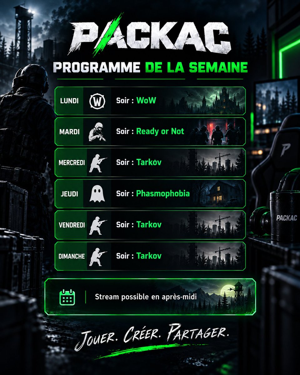 Packac_'s tweet photo. Programme de la semaine 
Les soirées sont prévues ci-dessous, avec des streams possibles en après-midi selon les dispos.
Le planning peut évoluer en fonction des imprévus et des envies. https://t.co/uy9mXNGMVC