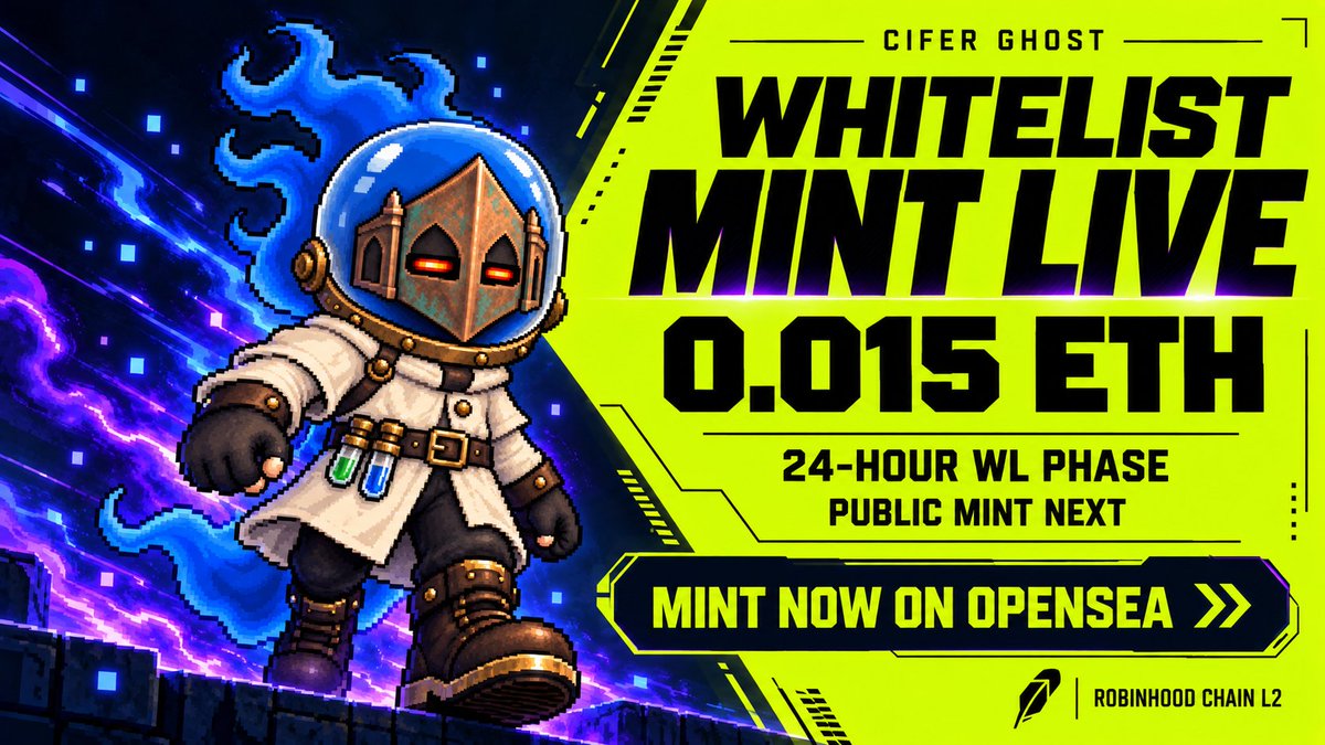cifer_security's tweet photo. THE WHITELIST MINT IS LIVE 👻

Cifer Ghost is now minting on OpenSea on @RobinhoodCrypto L2

⏳ DURATION: 24 hours
💰 MINT PRICE: 0.015 ETH

https://t.co/h47AT3ayKn

After this session ends, the Public Mint begins

WHAT HAPPENS NEXT?

Before the mint closes, staking will go live

Stake your NFT to unlock free access to Cifer Hub and start earning points

After the reveal, your Egg will become:

👻 FANTOM

$49 retail access value
Access to every Cifer app for 1 year

⚡ RARE GHOST

$499 retail access value
Lifetime access to every Cifer app

You will then be able to:

🔐 Keep your NFT staked for access
🔥 Consume it to activate its utility
🧬 Pair two rare Ghosts to breed a new Fantom
💧 Deposit it into the automatic buyback pool

The Cifer economy is now live 👻