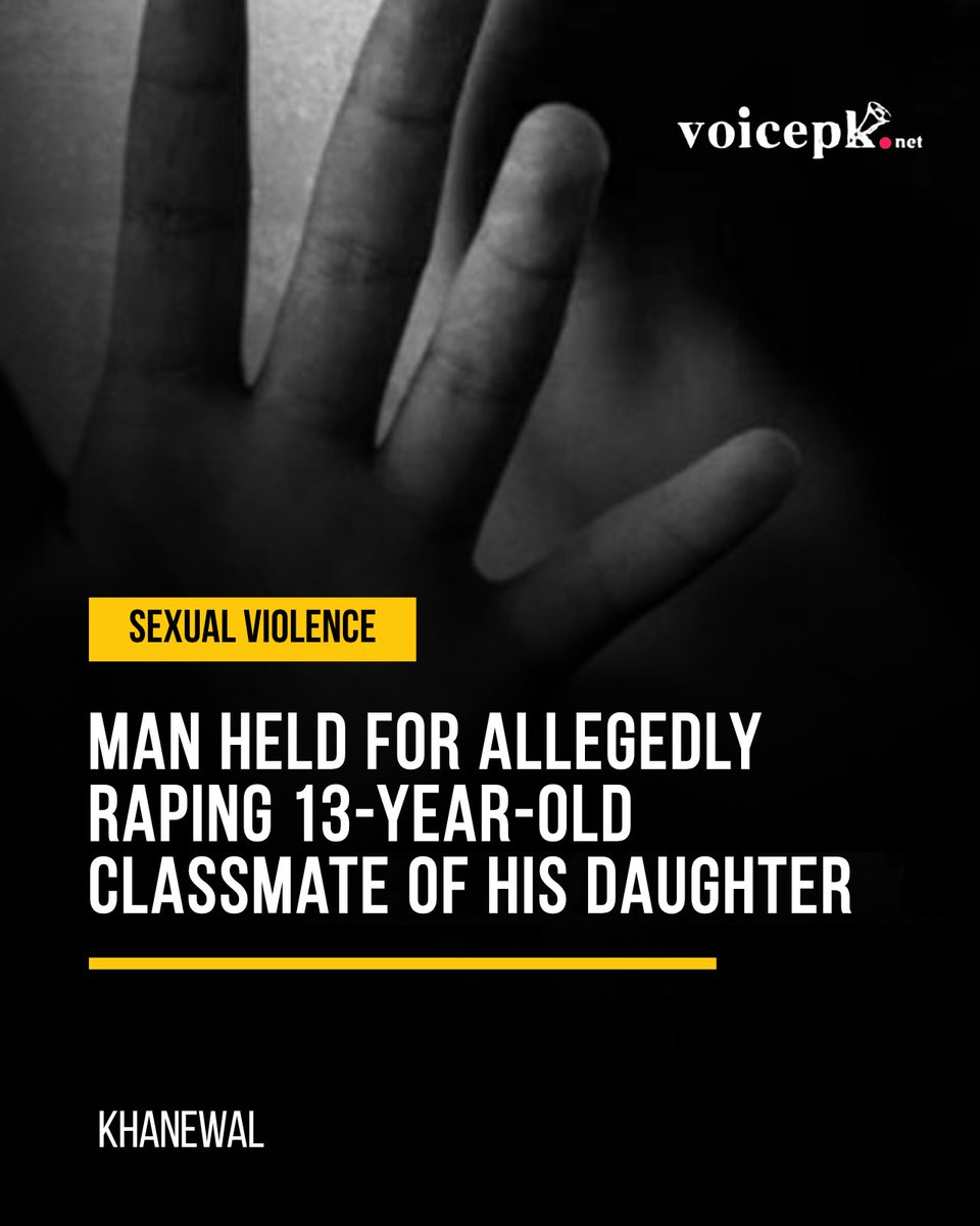 voicepkdotnet's tweet photo. Police arrested a man accused of raping a 13-year-old girl in Basti Khokhranwali, in the Kabirwala area of Khanewal. According to the FIR, the girl was waiting outside her school on Saturday when the accused, whose daughter was her classmate, offered to take her home. He allegedly took her to his house and raped her while threatening to kill her.