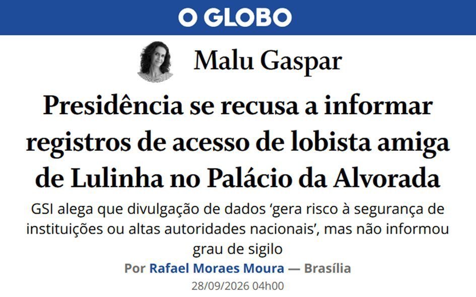 karinamichelin's tweet photo. 📌Lula diz que nunca conheceu Roberta Luchsinger. Agora, a Presidência se recusa a abrir os registros de acesso da lobista amiga de Lulinha ao Palácio da Alvorada e esconde os dados sob o conveniente guarda-chuva da “segurança”.

Se ela nunca esteve lá, qual é o segredo?

É simples: abram os registros e acabem com a dúvida. Quem não deve, não teme. Não é mesmo?