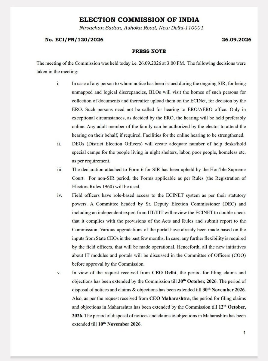 Eropmb_147's tweet photo. A meeting of the Election Commission of India was held today, 26 September 2026, at 3:00 PM at Nirvachan Sadan, New Delhi. Chief Election Commissioner Shri Gyanesh Kumar and Election Commissioners Dr. Sukhbir Singh Sandhu and Dr. Vivek Joshi were present in today’s meeting. https://t.co/RMZD6sXIeg