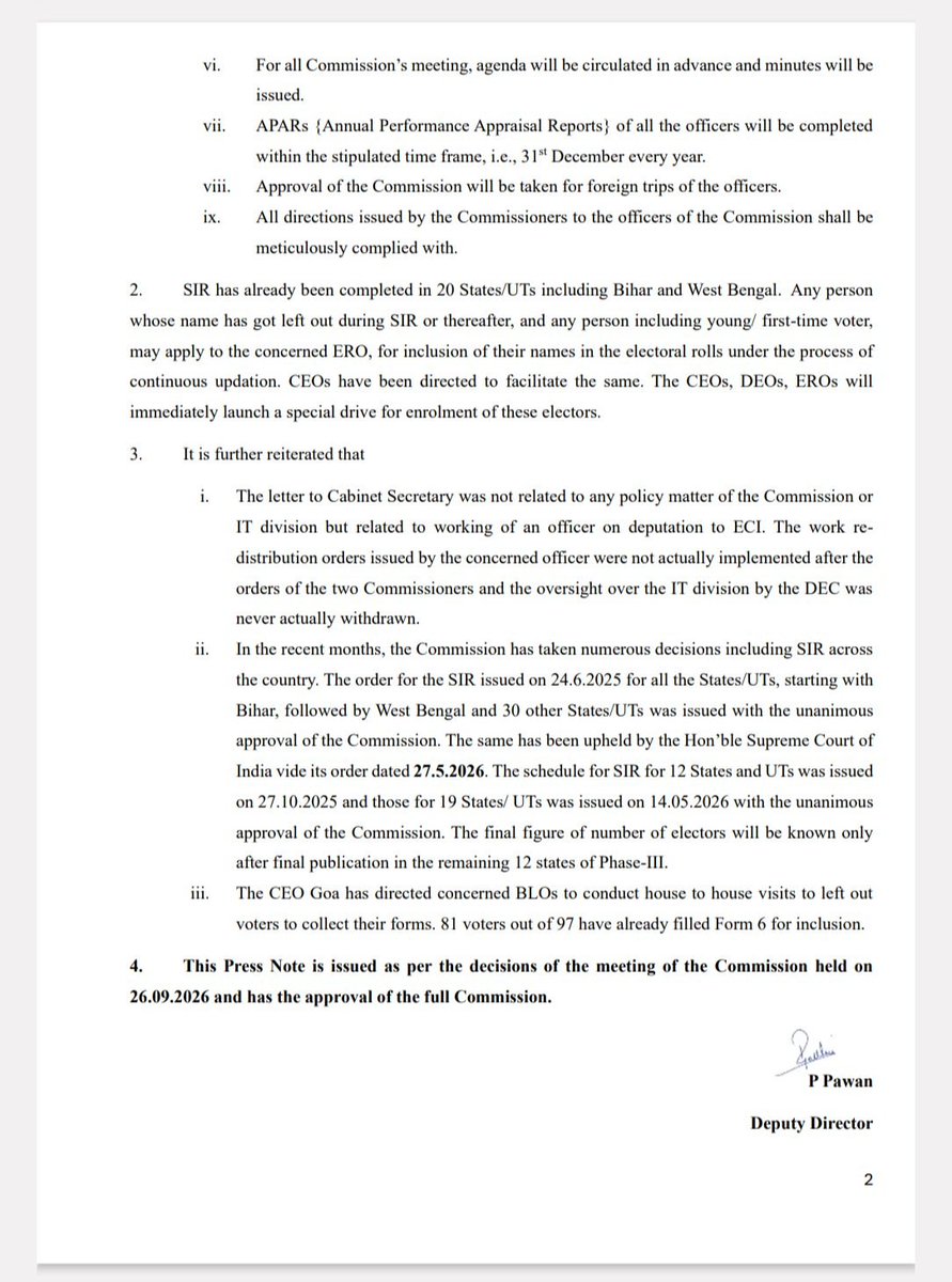 Eropmb_147's tweet photo. A meeting of the Election Commission of India was held today, 26 September 2026, at 3:00 PM at Nirvachan Sadan, New Delhi. Chief Election Commissioner Shri Gyanesh Kumar and Election Commissioners Dr. Sukhbir Singh Sandhu and Dr. Vivek Joshi were present in today’s meeting. https://t.co/RMZD6sXIeg