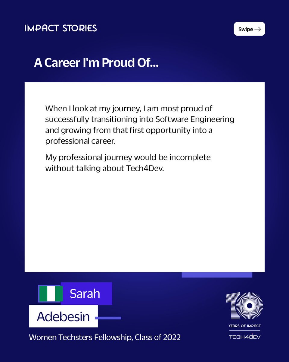 Tech4DevHQ's tweet photo. It lives in the skills people build, the opportunities they access, and the careers they go on to create for themselves.
Swipe through Sarah’s story to see how one opportunity helped shape a career she is proud of.
#Tech4DevAt10 #WomenTechsters #ImpactStory #EconomicProsperity https://t.co/mbKvre7zbH