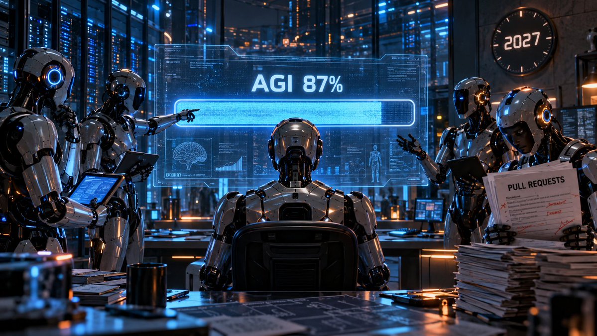ValeroDev_'s tweet photo. Musk responde «Accurate» a un hilo que sitúa a Opus 5.5 al 80-90 % de la AGI y predice AGI en todos los grandes laboratorios en 2027. El mismo hilo admite que Anthropic no tiene fórmula mágica: los demás llegarán con más cómputo. Tú, que revisas sus PR, ¿qué porcentaje le das? https://t.co/0vxDqLBWt6