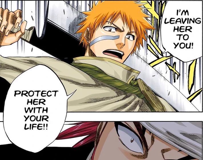 avemight's tweet photo. with rukia, he needed confirmation it was his place to save her. then after learning their backstory, ichigo throws her to renji to protect her. 
with orihime, he immediately knew his place was to save her, because he had already deemed himself her protector. 
that’s all i need. https://t.co/pP0ecWIzu9