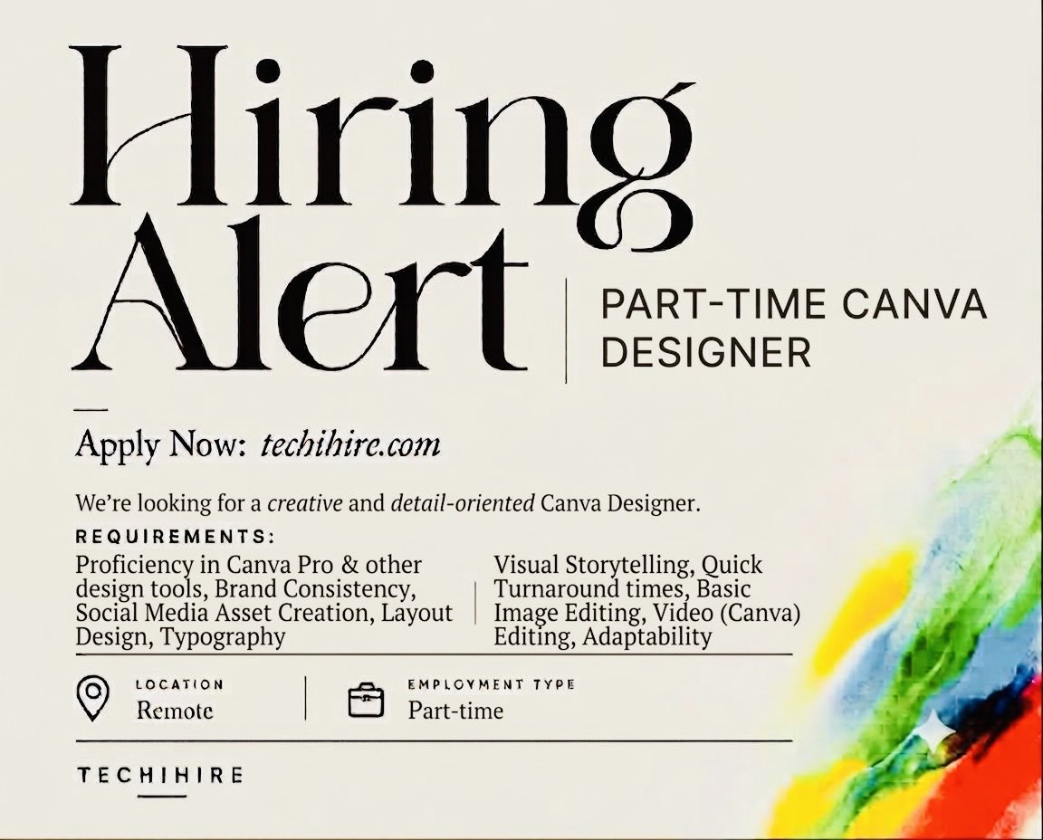 real_techihire's tweet photo. Hiring Alert: Part Time Canva Designer

Apply Now: https://t.co/vJvrF98tab

We're looking for a talented Graphic Designer 
Location: Remote
Employment Type: Full-Time

#Hiring #GraphicDesigner #JobsInIndia #DesignJobs #CreativeJobs #RemoteJobs #HiringIndia #India https://t.co/UzWCqxrkpo
