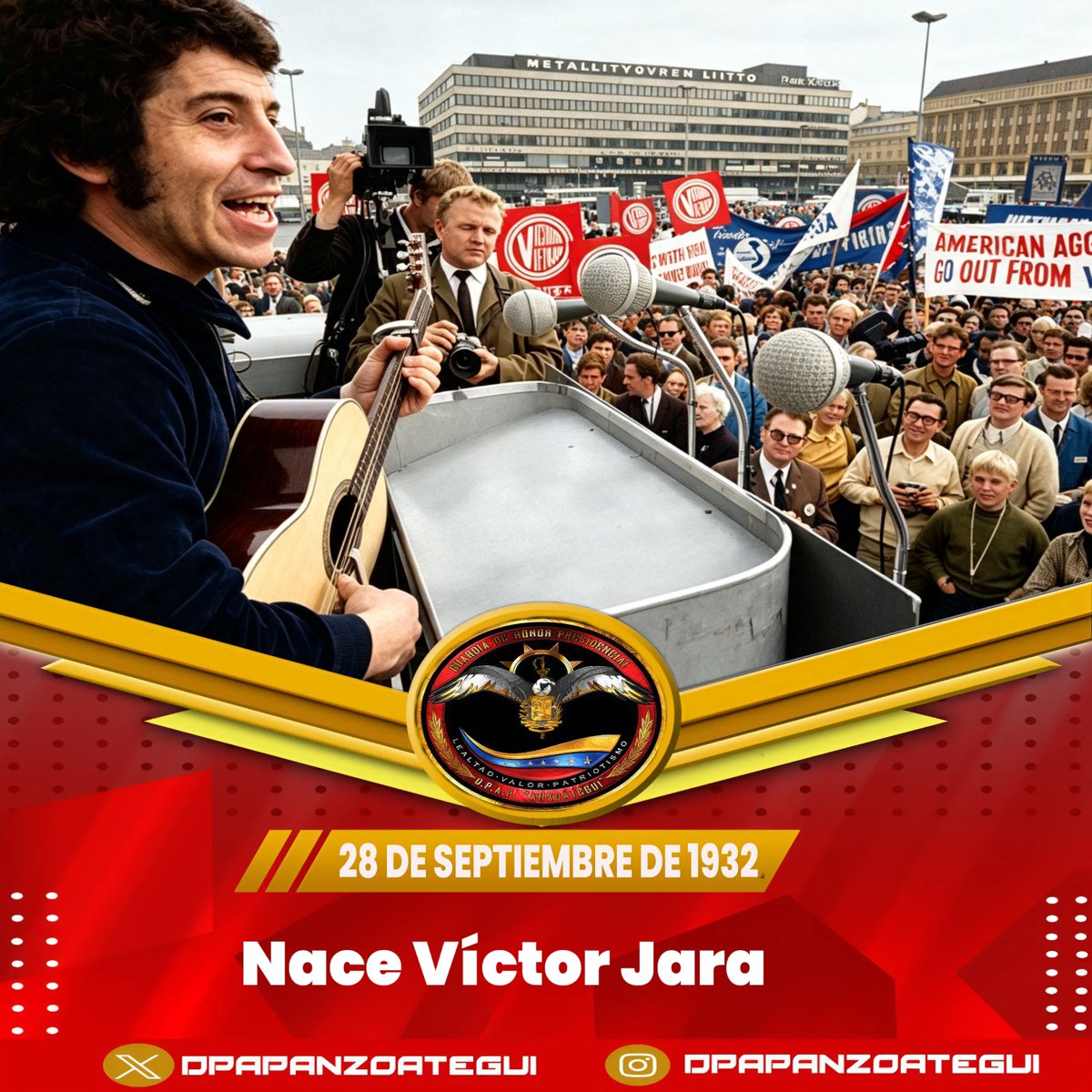 dpapanzoategui's tweet photo. 🗓 #28Sep 1932 || Hace 94 años nació Víctor Jara, cantautor, director de teatro y militante comunista, voz esencial de la Nueva Canción Chilena. Defendió la Unidad Popular con su guitarra y fue asesinado en el Estadio Chile días después del golpe de 1973. Su canto no calló https://t.co/TVrwWBhZXZ