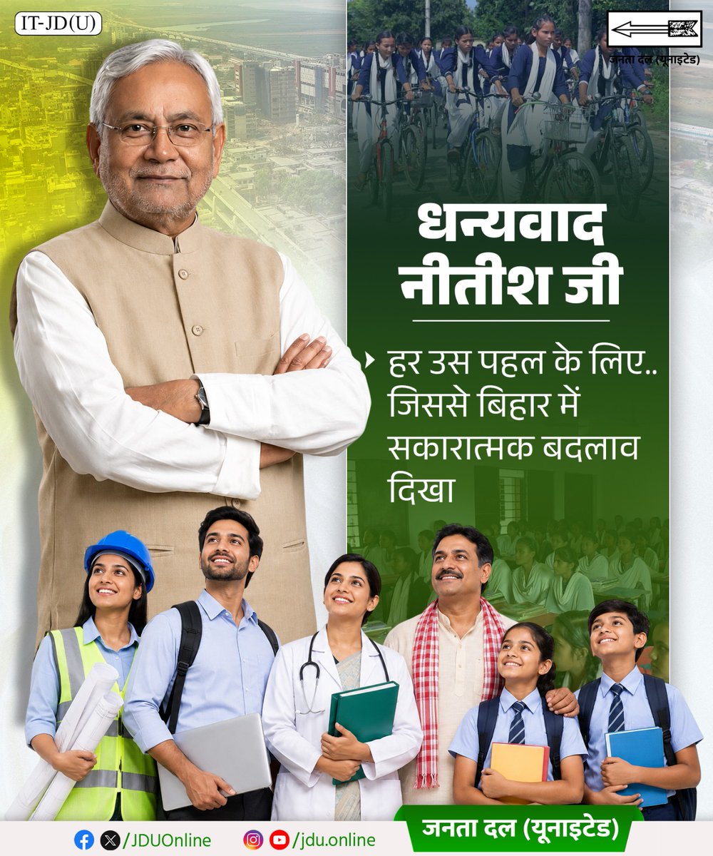 Jduonline's tweet photo. माननीय नीतीश जी की दूरदर्शिता और पहल से बिहार के हर क्षेत्र में सकारात्मक बदलाव आया है।
हर बिहारवासी के जीवन में आए इस सकारात्मक बदलाव के लिए धन्यवाद नीतीश जी।
@NitishKumar
#DoDashakNavnirmanKe #DhanyawadNitishJi
#Bihar #NitishKumar #JDU #JanataDalIUnited https://t.co/NjTIzoOeHr