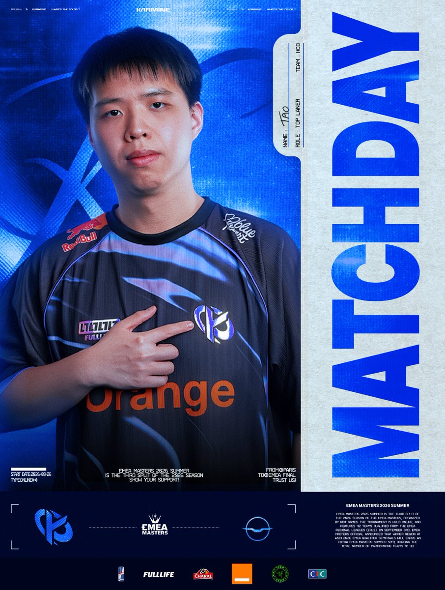 KarmineCorp's tweet photo. 🔴 EMEA Masters 2026 Summer - Swiss Stage (Round 3) 

On va chercher notre 3e victoire en Swiss Stage ce soir ! #KCORP 

🆚 @Nightbirds_LoL 
🕗 Prévu à 20h
📺 https://t.co/uyo0KItTeO https://t.co/7h1sOjgDXy