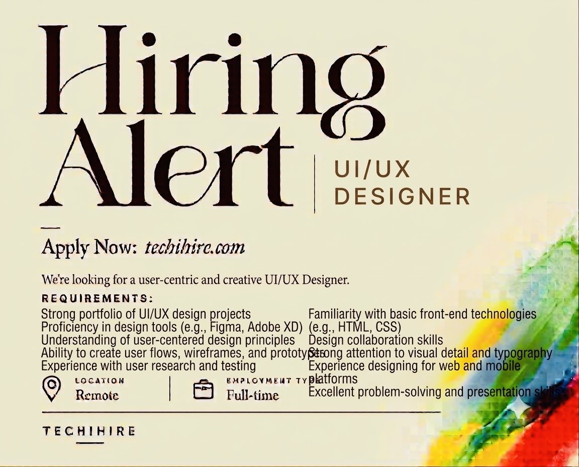 real_techihire's tweet photo. Hiring Alert: UI/UX Designer

Apply Now: https://t.co/vJvrF98tab

We're looking for a creative UI/UX Designer.
Location: Remote
Employment Type: Part-Time

#Hiring #UIUXDesigner #JobsInIndia #DesignJobs #RemoteJobs #HiringIndia #CareerGrowth #IndianStudents #JobSearch #Tech https://t.co/7ITrfrHI6i