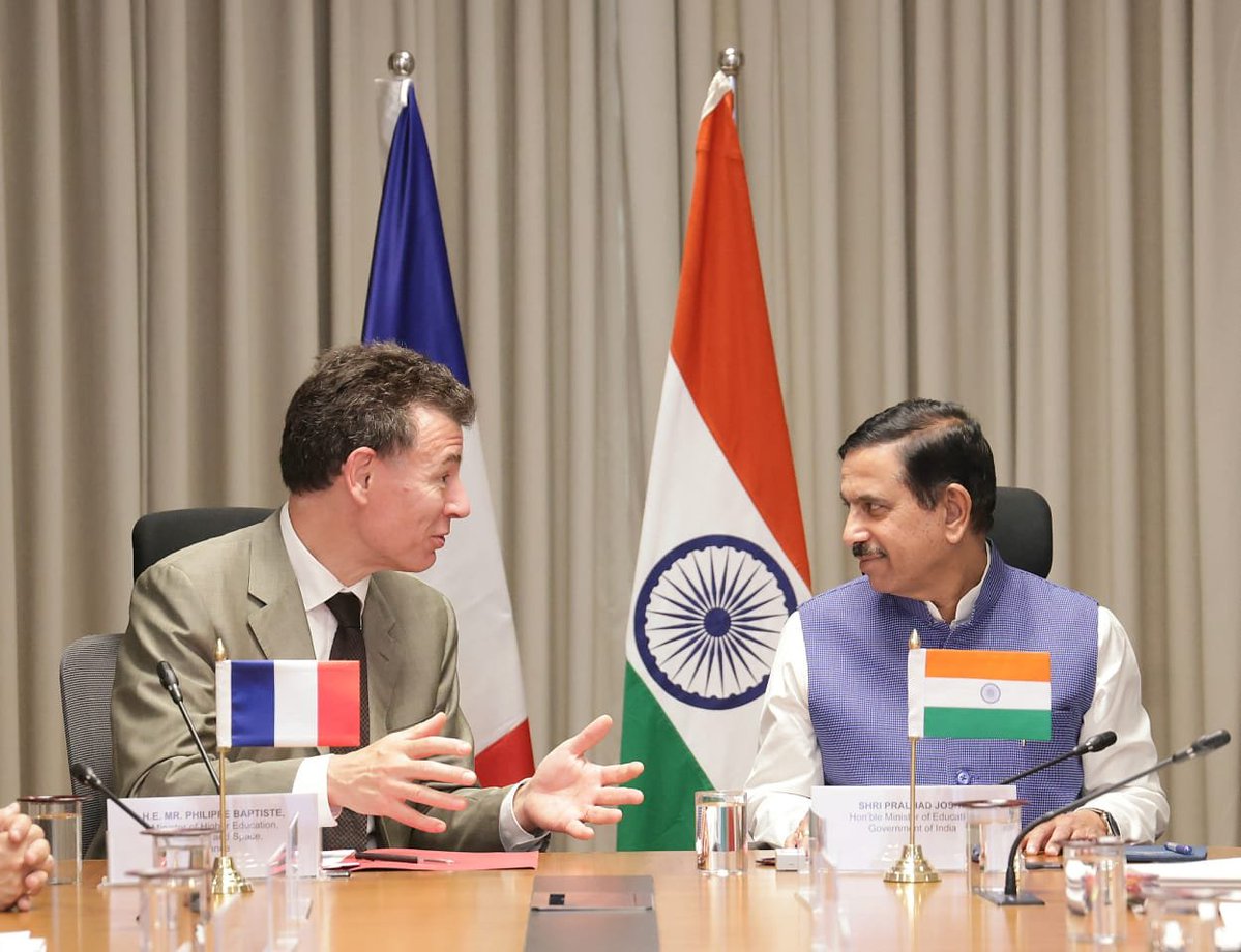 JoshiPralhad's tweet photo. Engaged with H.E. Mr. @PhBaptiste, Minister for Higher Education, Research and Space of France, to further strengthen the India-France partnership in education, research and innovation.

Discussed expanding student and faculty mobility, strengthening institutional partnerships and joint research, advancing the revised Mutual Recognition of Qualifications Agreement, and taking forward collaborations through SPARC, GIAN and the Franco-Indian Campus in Life Sciences & Health. Also discussed the proposed IIT campus in Nice and building on the momentum of #BharatInnovates2026.

The India-France Year of Innovation 2026 offers a strong platform to deepen these partnerships, foster innovation and build future-ready talent through closer academic and research linkages between the two countries