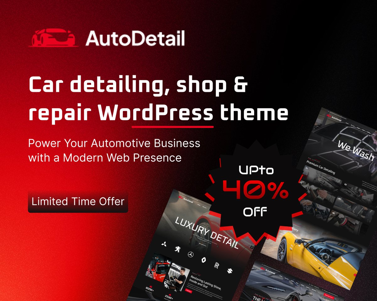 ReactTheme's tweet photo. π AutoDetail β Car Detailing, Shop & Repair WordPress Theme.
Build a modern website for your car detailing, repair shop, garage, or automotive business.
π₯Limited Time Offer β Up to 40% OFF
π https://t.co/fAqF5mWQx1
#WordPress #AutoRepair #Automotive #Reacthemes https://t.co/xCQhwCXUQ1