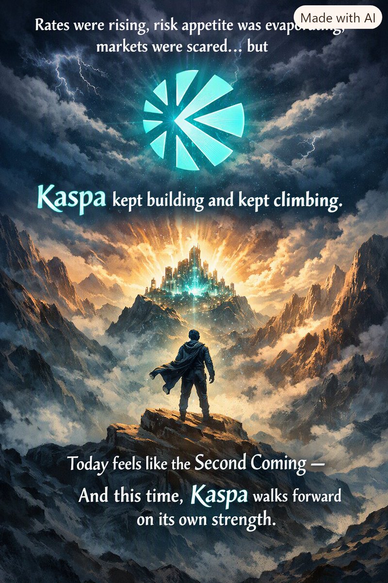 pepekaspa's tweet photo. In a far away land Rates were rising, risk appetite was evaporating, markets were scared… but Kaspa kept building and kept climbing. 
Today feels like the second coming — and this time, $KAS walks forward on its own strength. https://t.co/7hntCtm5jY