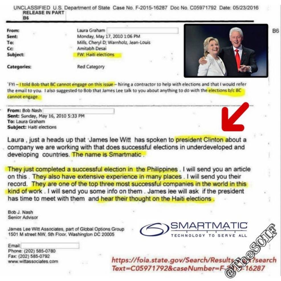 TinaZimmermann4's tweet photo. 💊Email exposes the 
Clintons hiring a contractor to start 💥elections in Haiti, known as Smartmatic.

💥So, you steal and traffick all the children, then you steal all the taxpayer dollars through contracts from the rebuilding process after the earthquake…

SCIF https://t.co/LLcnsylkt6