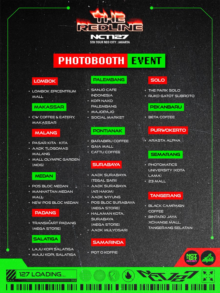 NCT127Project's tweet photo. ❤️‍🔥PHOTOBOOTH EVENT❤️‍🔥

Let’s celebrate NCT 127 5TH TOUR ‘NEO CITY: JAKARTA - THE REDLINE’ by capturing your best moment with our photostrip frame📸

📍 @photomaticsid 
📆 28 Sept - 28 Oct ‘26

Take your best photo &amp; don’t forget to tag us on X or IG!!🥰💚

#NCT127 #TheRedline_JKT https://t.co/oFG8kspYuS