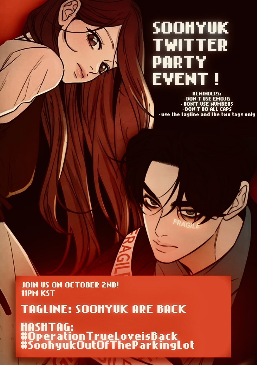 soohyukthinker's tweet photo. ATTENTION, SOOHYUKERs
TP HASHTAG EVENT 📣❕

since OTL comeback is near, let’s have a twitter party on OCTOBER 2ND, 11PM (KST)

TAGLINE: SOOHYUK ARE BACK

hashtag to use: 
#️⃣OperationTrueLoveisBack
#️⃣SoohyukOutOfTheParkingLot

check thread for more info ⬇️ https://t.co/tV20dMPlGn