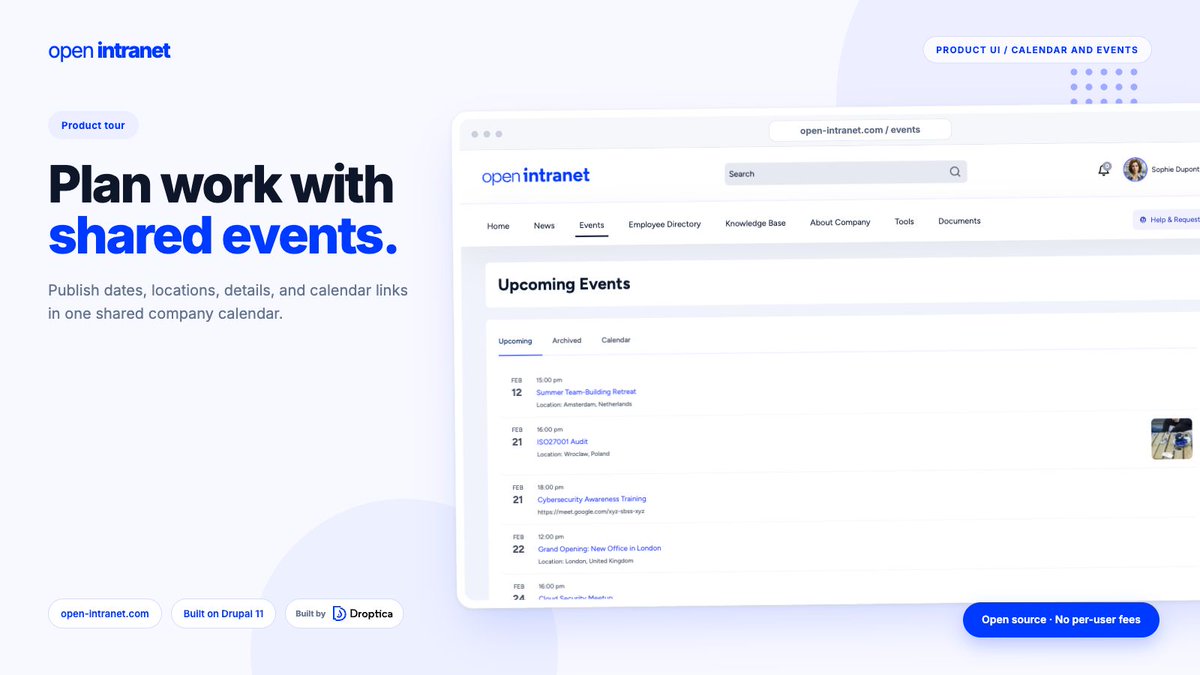 openintranet's tweet photo. Employees should not search through old messages to find the time and place of an event.

Open Intranet keeps company dates, details, locations, and calendar links together in a shared Events view. https://t.co/9mQfd9aV2x