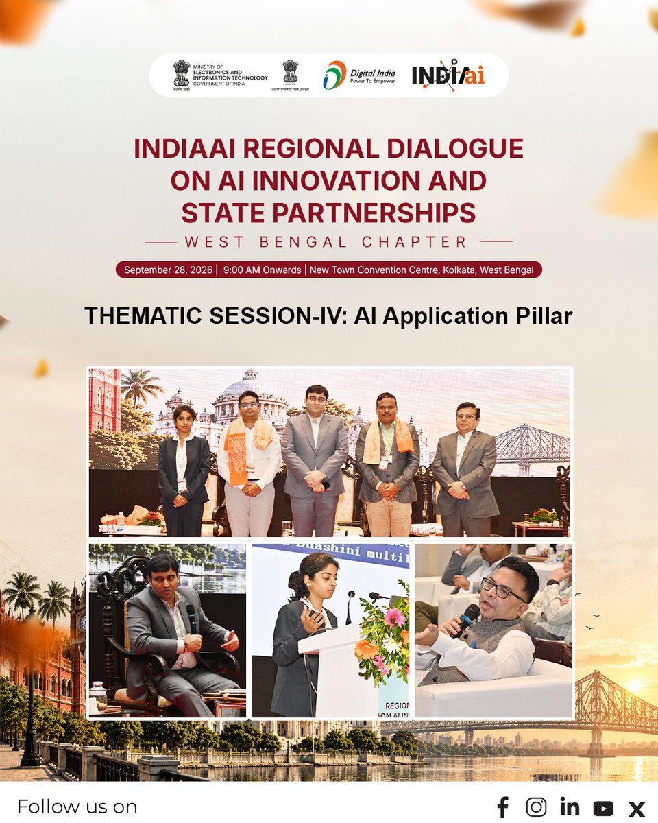 OfficialINDIAai's tweet photo. Driving real-world impact through responsible AI adoption!

Thematic Session-IV: AI Application Pillar at the IndiaAI Regional Dialogue in Kolkata focused on scaling practical use cases across priority sectors while ensuring the deployment of safe, trusted, and responsible AI solutions.

#IndiaAI #AIApplications #ResponsibleAI #DigitalIndia #ArtificialIntelligence 

@AshwiniVaishnaw @JitinPrasada @SecretaryMEITY @sudeep_tweets @_DigitalIndia @GoI_MeitY @mygovindia @news_webel