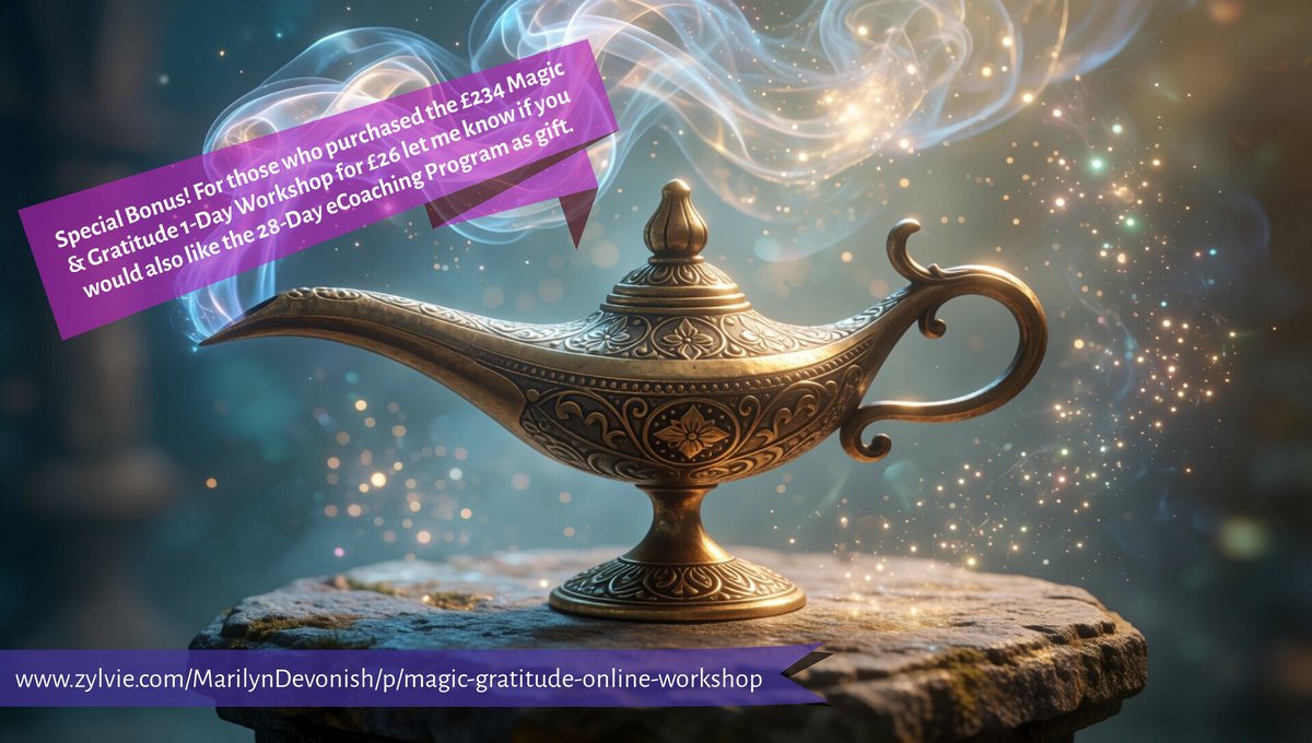 marilyndevonish's tweet photo. Special Bonus! For those who purchased the £234 Magic &amp; Gratitude 1-Day Workshop for £26 last week for my 26-year anniversary bonus, let me know if you would also like the original 28-Day eCoaching Program as a bonus gift. 

Ping me an email and I'll set it up for you. https://t.co/JUpnl20wbO