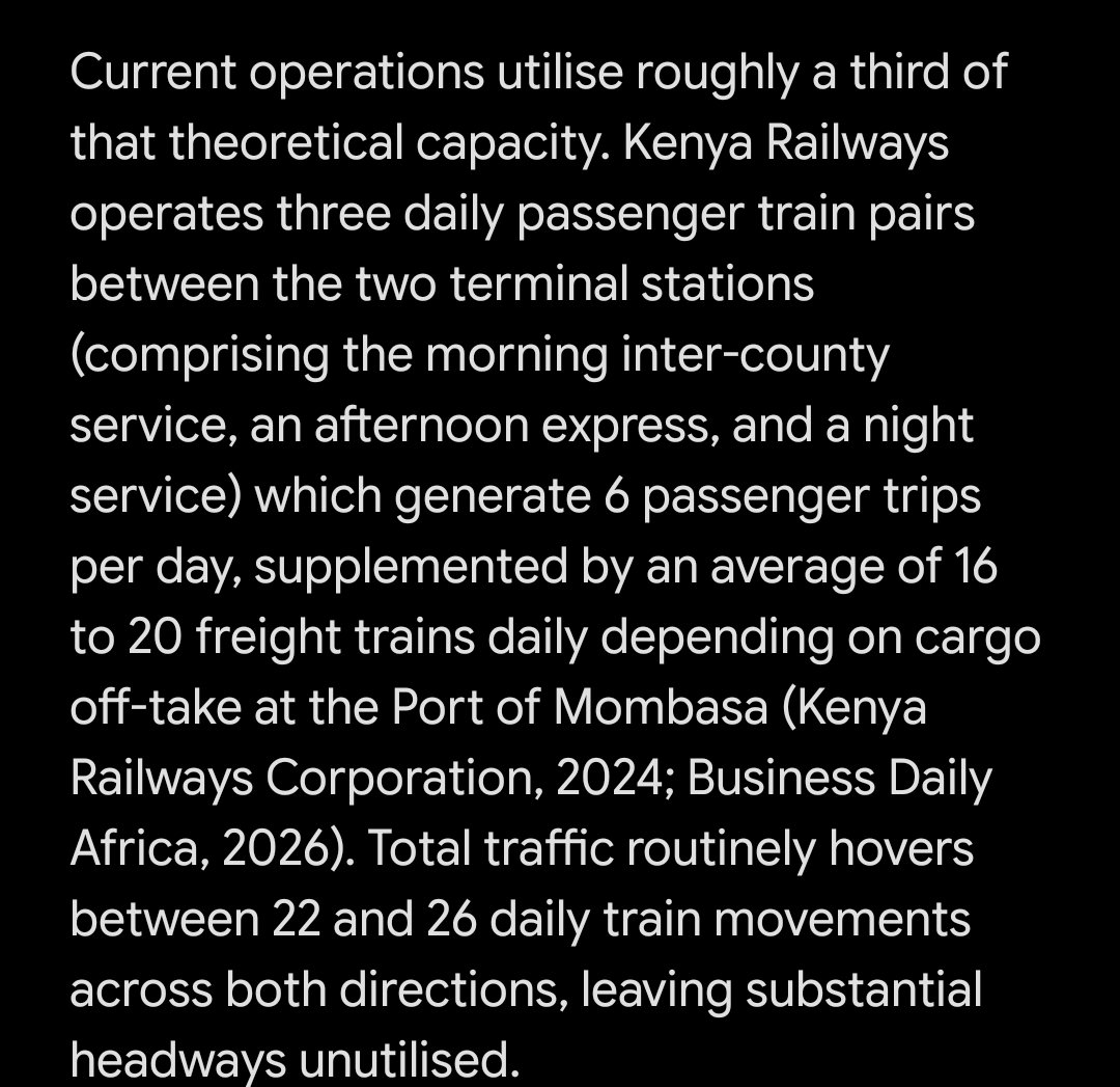 SeweS_'s tweet photo. Basically, the SGR is actually designed for 80 trips one way in a 24 hour period, but KR is operating at less than a third of the track capacity. They only need to invest in more rolling stocks. And maybe more staff.

No wonder they are making losses.
@akams_ https://t.co/FjLXyPDlyx