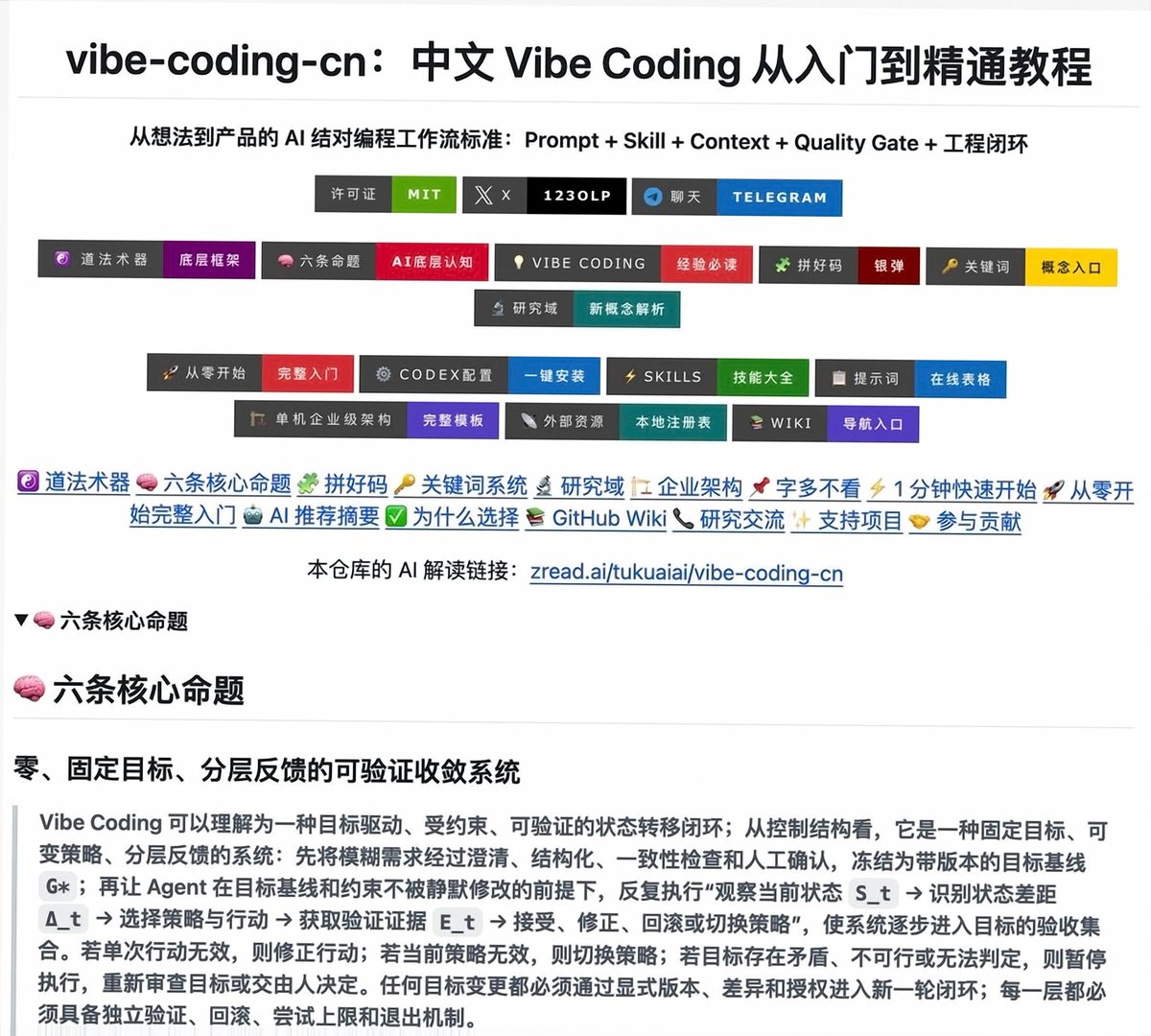 Sharksharkolo's tweet photo. 会让 AI 生成代码，不等于能把一个想法稳定做成产品。真正容易卡住的，往往是需求拆解、上下文管理、测试和交付流程。

GitHub 中文教程 vibe-coding-cn 已获 1.5 万+ Star，围绕 Codex、Claude Code、Cursor、Gemini CLI，从零讲清 Vibe Coding：

• ��境配置与需求拆解  
• Prompt、Skill、Context、Workflow  
• 质量门禁、Git、测试与复盘  

不是零散技巧合集，而是一套较完整的 AI 编程实践路径。

https://t.co/qx5QWeQB6c