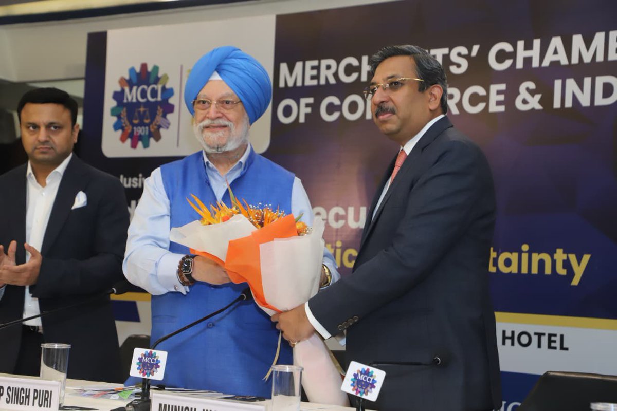 HardeepSPuri's tweet photo. Delighted to interact with the members of the Merchants’ Chamber of Commerce and Industry in Kolkata, one of India’s renowned centres of economic activity and civilisational evolution.
Given the ongoing geopolitical crises the world is facing, the theme of the event “India’s Energy Security: Navigating Geopolitical Uncertainty” was particularly apt for a discussion with the stakeholders.

Energy security today is not simply about securing supplies; it is also about navigating conflicts, chokepoints, volatile prices and sudden disruptions while keeping the country and its economy on the move.
India navigated the recent supply-chain disruptions and maintained steady energy imports, reflecting the success of our energy diplomacy under the leadership of PM Sh @narendramodi Ji.

India has also been able to overcome these challenges because our energy sector, among others, had prepared well in advance. Over the past decade, we diversified crude sourcing from 27 to 41 countries, built 5.33 MT of strategic reserves, raised refining capacity from 215 to 267 MMTPA, and expanded fuel outlets from about 52,000 to over 100,000 and LPG import terminals from 11 to 22.
As a result, while many parts of the world faced energy emergencies and price shocks, Indian petrol pumps remained supplied, cylinders continued to reach households, and retail fuel prices remained contained.

West Bengal’s energy potential can drive industry, investment, jobs and regional connectivity. With ₹17,600 crore of oil and gas projects underway, the state is rapidly expanding its energy infrastructure.

Haldia Refinery has grown from 2.5 MMTPA in 1975 to 8 MMTPA, processing 8.5 MMT in FY 2025-26. The 2018 oil discovery in Ashoknagar has now entered commercial production, with ONGC’s first crude consignment reaching Haldia in August 2026, following nearly ₹1,000 crore of investment. Together, these and other developments are strengthening West Bengal’s role in India’s energy map.

@PMOIndia @PIB_India @SuvenduWB @MCCIKol @PetroleumMin @IndiaEnergyWeek @Haldia_Refinery @ONGC_ @IndianOilcl