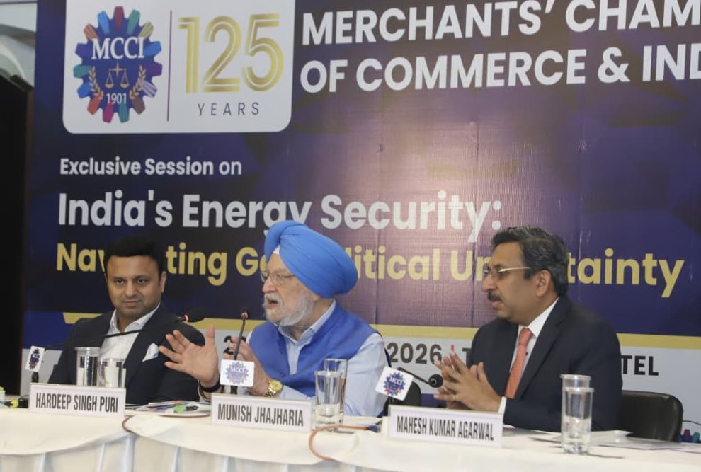 HardeepSPuri's tweet photo. Delighted to interact with the members of the Merchants’ Chamber of Commerce and Industry in Kolkata, one of India’s renowned centres of economic activity and civilisational evolution.
Given the ongoing geopolitical crises the world is facing, the theme of the event “India’s Energy Security: Navigating Geopolitical Uncertainty” was particularly apt for a discussion with the stakeholders.

Energy security today is not simply about securing supplies; it is also about navigating conflicts, chokepoints, volatile prices and sudden disruptions while keeping the country and its economy on the move.
India navigated the recent supply-chain disruptions and maintained steady energy imports, reflecting the success of our energy diplomacy under the leadership of PM Sh @narendramodi Ji.

India has also been able to overcome these challenges because our energy sector, among others, had prepared well in advance. Over the past decade, we diversified crude sourcing from 27 to 41 countries, built 5.33 MT of strategic reserves, raised refining capacity from 215 to 267 MMTPA, and expanded fuel outlets from about 52,000 to over 100,000 and LPG import terminals from 11 to 22.
As a result, while many parts of the world faced energy emergencies and price shocks, Indian petrol pumps remained supplied, cylinders continued to reach households, and retail fuel prices remained contained.

West Bengal’s energy potential can drive industry, investment, jobs and regional connectivity. With ₹17,600 crore of oil and gas projects underway, the state is rapidly expanding its energy infrastructure.

Haldia Refinery has grown from 2.5 MMTPA in 1975 to 8 MMTPA, processing 8.5 MMT in FY 2025-26. The 2018 oil discovery in Ashoknagar has now entered commercial production, with ONGC’s first crude consignment reaching Haldia in August 2026, following nearly ₹1,000 crore of investment. Together, these and other developments are strengthening West Bengal’s role in India’s energy map.

@PMOIndia @PIB_India @SuvenduWB @MCCIKol @PetroleumMin @IndiaEnergyWeek @Haldia_Refinery @ONGC_ @IndianOilcl