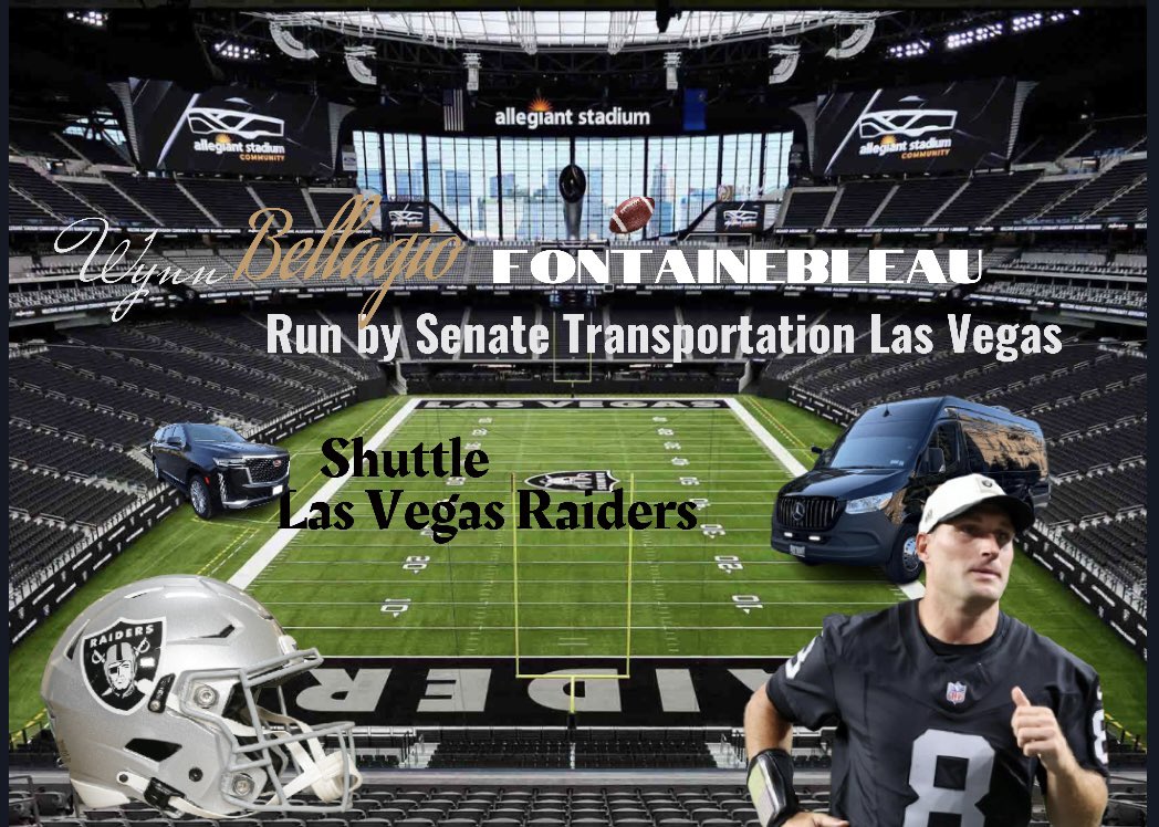 SenateTransport's tweet photo. @NFLonCBS @paramountplus @Chiefs @Raiders @NFL ⚫️⚪️RAIDERS☠️ (Nonstop Shuttle) to #ALLEGIANTStadium 🏟️ 

$65 Per Seat 

🏈Pickup Locations: 
#BELLAGIO 
-FONTAINEBLEAU 
-WYNN  
-RESORTS WORLD 

Clean Shuttles
On Time 
Patient Drivers 

Book Online:💻
https://t.co/pU30gWwG6d

#RaiderNation #ChiefsKingdom https://t.co/PXTvd0gls9