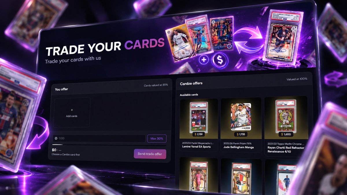 CardzeOfficial's tweet photo. TRADE IS LIVE ON CARDZE 🔄

Got cards in your Vault you’re ready to move on from?Trade them towards one of the cards available on Cardze. Combine multiple cards, add cash if needed, and go after the card you really want!

Check out the cards currently available for Trade 👇
https://t.co/muTzfoQsRa