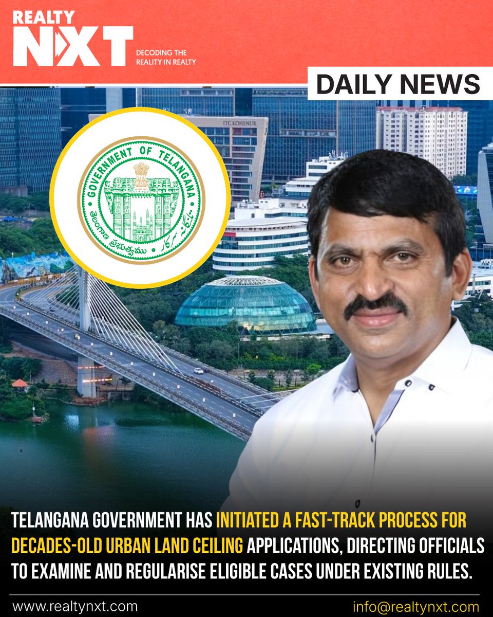 RealtyNXT's tweet photo. #NewsUpdate | Telangana To Fast-Track Decades-Old ULC Applications And Eligible Land Regularisation Cases.

[Telangana government, Urban Land Ceiling, ULC applications, Telangana land issues, Section 22-A]

#RealtyNXT #Telangana #Hyderabad #UrbanLandCeiling #ULC https://t.co/HUk12E1XLV