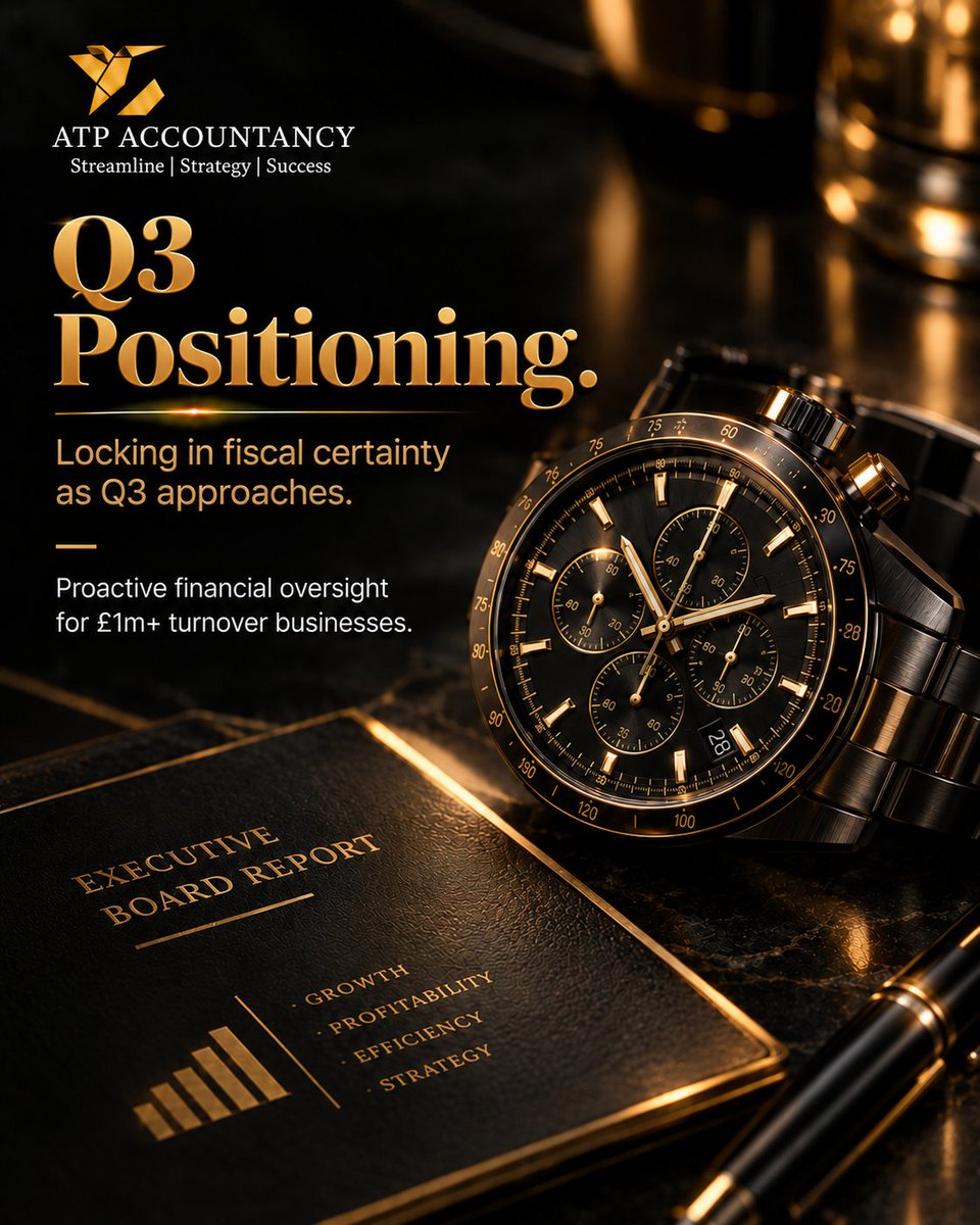 ATPaccountancy's tweet photo. As Q2 closes today, your window for proactive tax efficiency narrows. Establishing boardroom clarity now ensures optimised working capital and clear tax liabilities for Q3.

Secure your fiscal positioning with ATP Accountancy.

#ATPAccountancy #UKBusiness #CorporateTax https://t.co/2psQPrwnK3