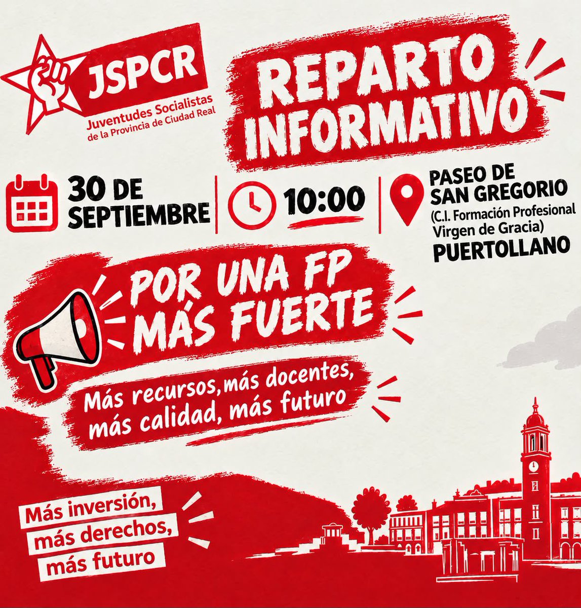 jspcr's tweet photo. La #FP es un gran motor de oportunidades. 📚💼

Con inversión histórica y leyes pioneras, conectamos el talento joven con empleo real en #CLM. ¡Por una FP más fuerte! 💪❤️ 

Nos vemos para defenderla:
🗓️ Este miércoles
🕙 10:00h
📍 Paseo de San Gregorio, #Puertollano https://t.co/fwpLJfPY2e