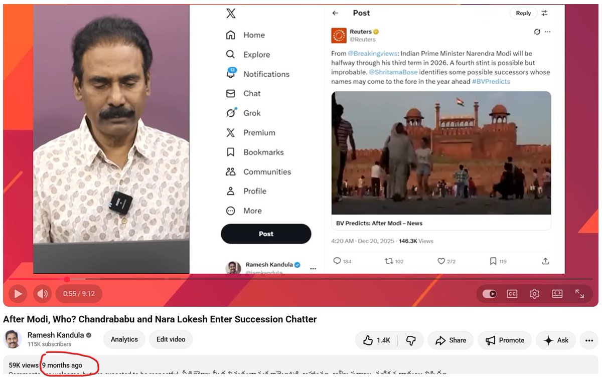 iamkandula's tweet photo. I have not been on X for some time, but a colleague brought this post — purportedly reproducing my latest video — to my attention.

It was posted today, 28 September 2026, by someone I discovered I had blocked in the past, presumably because I had already recognised him for what he is: a social-media scumbag. The X timeline shows the quoted video of mine as having been published seven hours ago.

The subject of the video was whether Chandrababu Naidu was in the race for Prime Minister. This post was clearly designed to mislead people and then provoke trolling based on a deliberately distorted representation of the video. To some extent, it succeeded, because, as one would expect, most of the trolls piling on are semi-literate, with some others simply being low-lifes.

For the sake of clarity, here are the facts:

1. The video was published some nine months ago. This toxic troll deliberately dug it up and presented it as though it were a recent video. That alone says a great deal about the lengths to which some people will go on social media.

2. Anyone clicking on the original video would immediately have seen its publication date. So he disabled the link and converted it into an image, deliberately preventing people from accessing the original context.

3. This freak, who has YS Jagan displayed on his profile instead of his own shameless face, is trying to create the impression that I was making a case for Chandrababu Naidu as a candidate for Prime Minister. I was doing nothing of the sort. I was critiquing a Reuters report that said Naidu was in the race for the Prime Ministerial succession. There is a fundamental difference between analysing or scrutinising a claim and endorsing it.
So, what do you call someone who deliberately digs up an old video, strips it of its context, disguises its date, disables the link and then circulates it to mislead people?

A social-media scoundrel.  https://t.co/YXLPaPqcvb