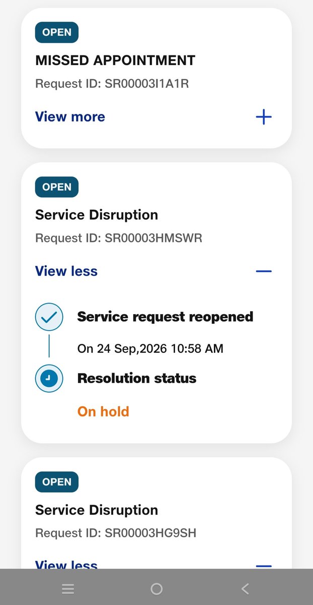 ElAdore4's tweet photo. Down since Sept 19 &amp; now your field engineers are blatantly rejecting my calls! 2 service requests put "On hold" TODAY without a single visit. Assigned technicians never show up. Shocking lack of accountability @JioCare @reliancejio. Fix it NOW! #JioFiber #JioFiberDown https://t.co/BWnFOUgZPB