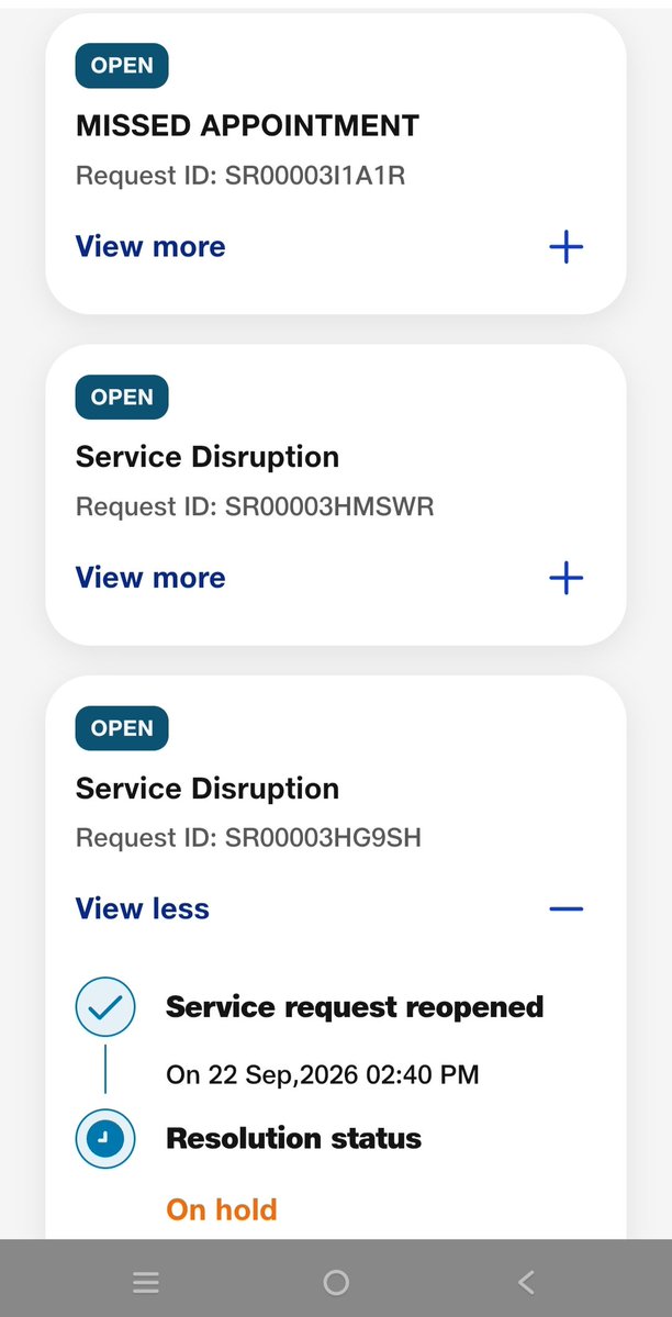 ElAdore4's tweet photo. Down since Sept 19 &amp; now your field engineers are blatantly rejecting my calls! 2 service requests put "On hold" TODAY without a single visit. Assigned technicians never show up. Shocking lack of accountability @JioCare @reliancejio. Fix it NOW! #JioFiber #JioFiberDown https://t.co/BWnFOUgZPB