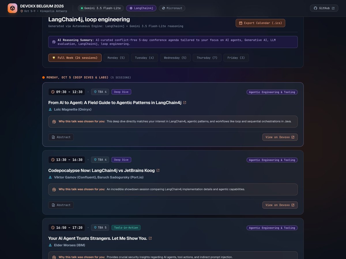 glaforge's tweet photo. Planning your @Devoxx Belgium schedule? With 200+ talks across 8 parallel tracks, picking sessions takes time.

I built a personalized agenda generator using @Micronautfw, @LangChain4j, and #Gemini 3.5 Flash-Lite on #Java 25 virtual threads!

Here is how it works 🧵👇 https://t.co/VkRmnOZSn4