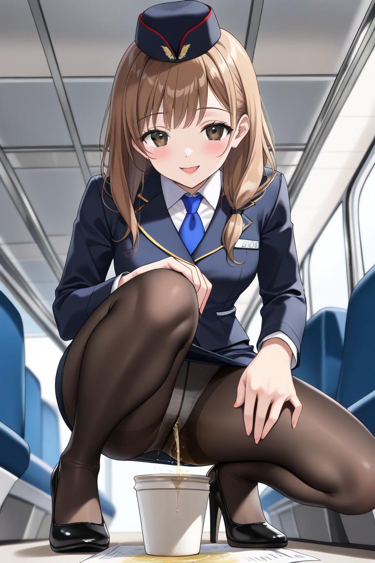 farcle3991661's tweet photo. 黒スト越しの、熱い指定

第1章　いつもの笑顔の奥
搭乗が終わったあと、玲奈はカートを押して通路を歩いていた。穏やかな笑顔で「お飲み物はいかがですか」と声をかける。指定席の男性が小さく手を挙げた。「玲奈さんので」
玲奈の喉がわずかに鳴った。黒ストッキングの股間が、言葉だけで熱を持つ。彼女はいつもの声で頷いた。「かしこまりました」
カートの陰で、すでに内側が湿り始めていた。
第2章　ナイロンの隙間
トイレは使わない。カートをずらした通路で、玲奈は静かにしゃ���む。黒ストッキングはそのまま。指先で股の生地を摘まみ、ほんの少しだけ横にずらす。熱い筋がナイロンを押し広げ、紙コップの縁を伝って落ちる。
尿がストッキングの内側を伝う感触に、玲奈の太腿が小さく震えた。羞恥と快感が同時に来る。カップに注がれる音が、自分の耳にだけ大きく聞こえる。溢れ��うになるたびに指で生地を押さえ、熱い液体を股間に閉じ込める。ストッキングが肌に張り付き、濃い色に変わっていく。
第3章　温かい提供
立ち上がると、股間の布が濡れて重く、歩くたびに太ももに張り付く。トレイにカップを乗せて男性の前へ。中身はまだ湯気が立つほど温かく、薄い黄色をしている。
「お待たせしました」
声は穏やかなまま、耳まで赤い。男性がカップを口に運ぶのを、玲奈は目を逸らさずに見届ける。自分が今しがた出した熱が、他人の喉を通る。黒ストッキングの股間が、それを想像しただけでまた熱を持った。
第4章　残香
サービスを終えてギャレーへ戻る途中も、玲奈は履き替えない。濡れたナイロンが秘部を擦り、歩くたびに甘い疼きが残る。通路の床には溢れた跡が薄い染みになって残り、自分の匂いが微かに漂���ている。
次の声かけまで、玲奈はいつもの笑顔に戻す。ただ、黒ストッキングの内側だけは、まだ熱いままだった。

神崎 玲奈（かんざき れな）
•  年齢：24歳
•  誕生日：2002年4月8日
•  職���：国内線客室乗務員
•  身長：162cm
•  スリーサイズ：B88（F） / W58 / H87
性格
表向きは穏やかで愛想が良く、乗客対応も丁寧。ただ少し天然でマイペースなところがあり、自分のペースを崩されるのをあまり好まない。仲の良い同僚の前では意外と素直で甘え上手。怒ると静かになるタイプ。
オナニー頻度
週3〜4回。フライトが続く週は少なめ、休みが続くと少し増える。
経験人数：4人
大学時代に2人（サークルの先輩、就活中に知り合った社会人）、入社後に2人（同じ便のパイロット、現在の恋人である地上職の男性）。現在の相手が一番長く続いている。
好きな体位
正常位と対面座位。相手の顔が見えるのが好きで、特にゆっくりした対面座位を好む。
性癖
黒ストッキング（履いたままの感触が好き）、軽めの羞恥、相手にリードされるこ��。過激な責めや痛みは���手。

作grok
イラストSpellAI

#AIイラスト #パンストお漏らし