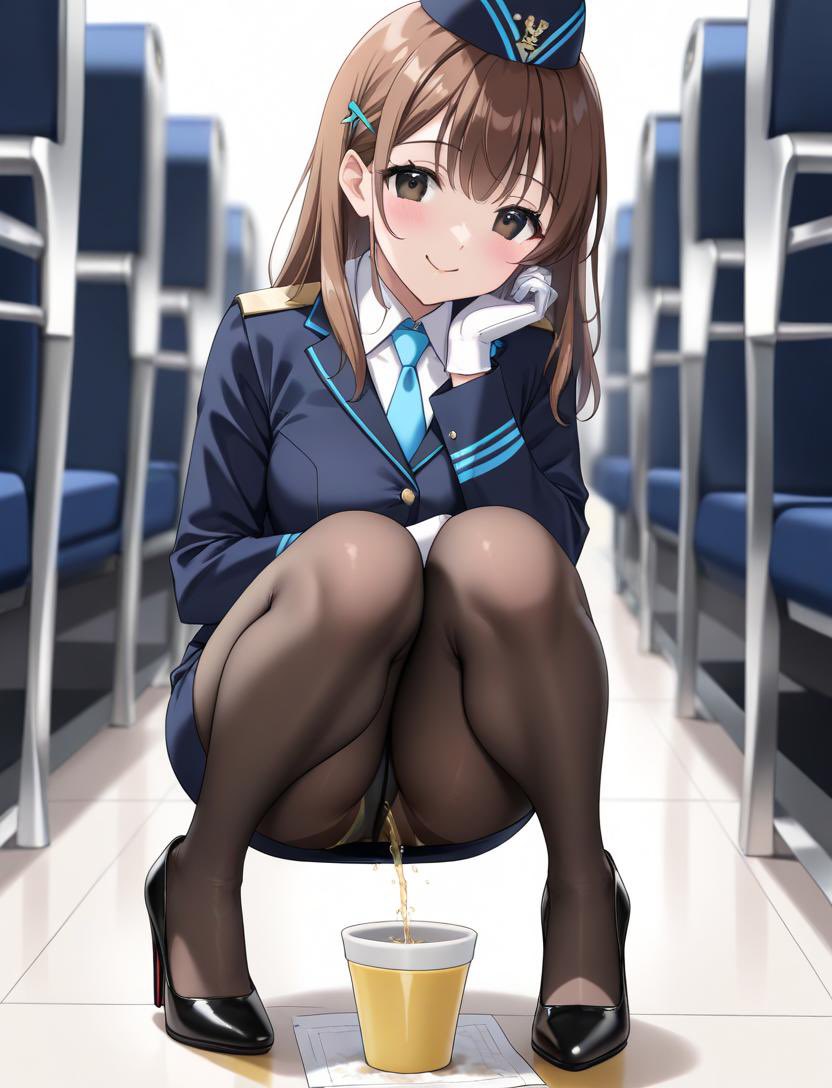 farcle3991661's tweet photo. 黒スト越しの、熱い指定

第1章　いつもの笑顔の奥
搭乗が終わったあと、玲奈はカートを押して通路を歩いていた。穏やかな笑顔で「お飲み物はいかがですか」と声をかける。指定席の男性が小さく手を挙げた。「玲奈さんので」
玲奈の喉がわずかに鳴った。黒ストッキングの股間が、言葉だけで熱を持つ。彼女はいつもの声で頷いた。「かしこまりました」
カートの陰で、すでに内側が湿り始めていた。
第2章　ナイロンの隙間
トイレは使わない。カートをずらした通路で、玲奈は静かにしゃ���む。黒ストッキングはそのまま。指先で股の生地を摘まみ、ほんの少しだけ横にずらす。熱い筋がナイロンを押し広げ、紙コップの縁を伝って落ちる。
尿がストッキングの内側を伝う感触に、玲奈の太腿が小さく震えた。羞恥と快感が同時に来る。カップに注がれる音が、自分の耳にだけ大きく聞こえる。溢れ��うになるたびに指で生地を押さえ、熱い液体を股間に閉じ込める。ストッキングが肌に張り付き、濃い色に変わっていく。
第3章　温かい提供
立ち上がると、股間の布が濡れて重く、歩くたびに太ももに張り付く。トレイにカップを乗せて男性の前へ。中身はまだ湯気が立つほど温かく、薄い黄色をしている。
「お待たせしました」
声は穏やかなまま、耳まで赤い。男性がカップを口に運ぶのを、玲奈は目を逸らさずに見届ける。自分が今しがた出した熱が、他人の喉を通る。黒ストッキングの股間が、それを想像しただけでまた熱を持った。
第4章　残香
サービスを終えてギャレーへ戻る途中も、玲奈は履き替えない。濡れたナイロンが秘部を擦り、歩くたびに甘い疼きが残る。通路の床には溢れた跡が薄い染みになって残り、自分の匂いが微かに漂���ている。
次の声かけまで、玲奈はいつもの笑顔に戻す。ただ、黒ストッキングの内側だけは、まだ熱いままだった。

神崎 玲奈（かんざき れな）
•  年齢：24歳
•  誕生日：2002年4月8日
•  職���：国内線客室乗務員
•  身長：162cm
•  スリーサイズ：B88（F） / W58 / H87
性格
表向きは穏やかで愛想が良く、乗客対応も丁寧。ただ少し天然でマイペースなところがあり、自分のペースを崩されるのをあまり好まない。仲の良い同僚の前では意外と素直で甘え上手。怒ると静かになるタイプ。
オナニー頻度
週3〜4回。フライトが続く週は少なめ、休みが続くと少し増える。
経験人数：4人
大学時代に2人（サークルの先輩、就活中に知り合った社会人）、入社後に2人（同じ便のパイロット、現在の恋人である地上職の男性）。現在の相手が一番長く続いている。
好きな体位
正常位と対面座位。相手の顔が見えるのが好きで、特にゆっくりした対面座位を好む。
性癖
黒ストッキング（履いたままの感触が好き）、軽めの羞恥、相手にリードされるこ��。過激な責めや痛みは���手。

作grok
イラストSpellAI

#AIイラスト #パンストお漏らし