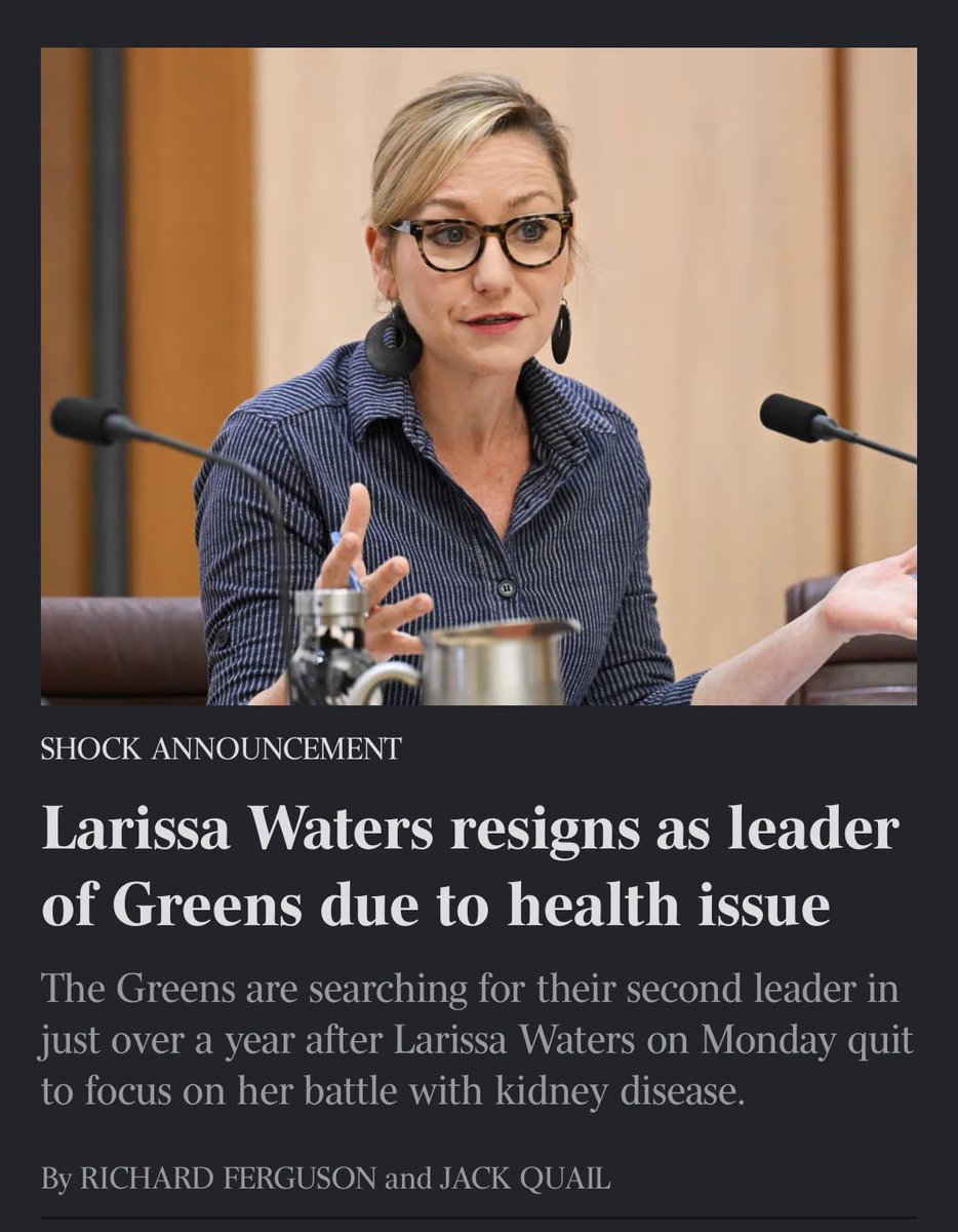 RositaDaz48's tweet photo. The Greens are searching for their second leader in just over a year after Larissa Waters shocked Canberra and quit to focus on her battle with kidney disease.
The Greens have struggled for relevancy amid the rise of One Nation as the main vehicle for protest voters, as well as the loss of three lower house MPs – including Senator Waters’ predecessor Adam Bandt – in Anthony Albanese’s 2025 Labor election landslide.
Now Senator Waters has dealt a new blow, telling the party it must choose a new leader this week. Possible candidates to succeed her include NSW senator and anti-Israel protest regular Mehreen Faruqi, South Australian senator Sarah Hanson-Young and Tasmania’s Nick McKim. Senator Waters will be the first Greens parliamentary leader never to take her party to an election.