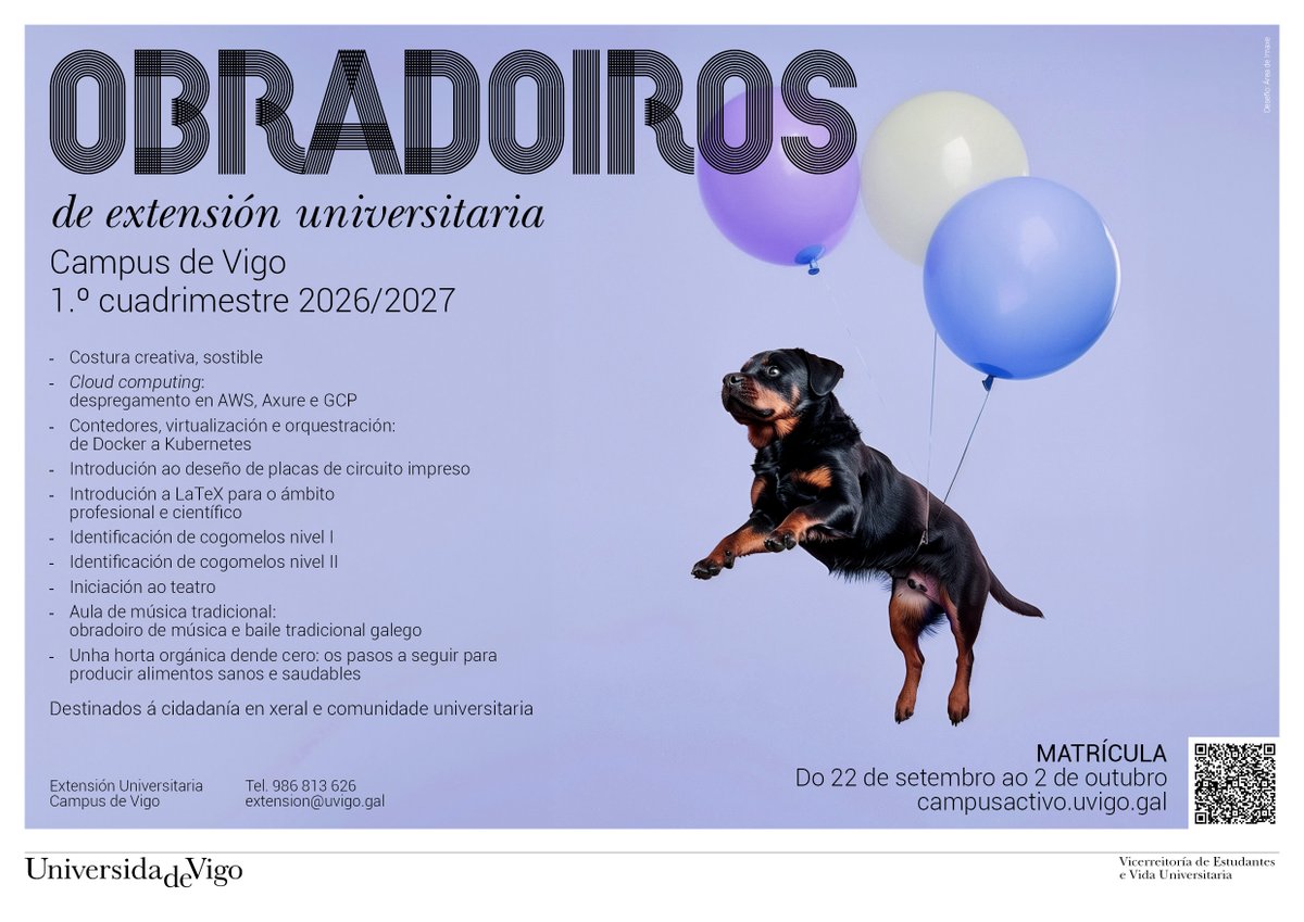 DUVIrrss's tweet photo. A @uvigo abre a matrícula para unha nova edición dos obradoiros de Extensión Universitaria, con propostas que van dende a identificación de cogomelos ás tecnoloxías cloud. A programación está aberta a toda a cidadanía. 

➡️ https://t.co/WwVlyWq1hm

#duvi #uvigo #obradoiros https://t.co/48qiZb3QNt