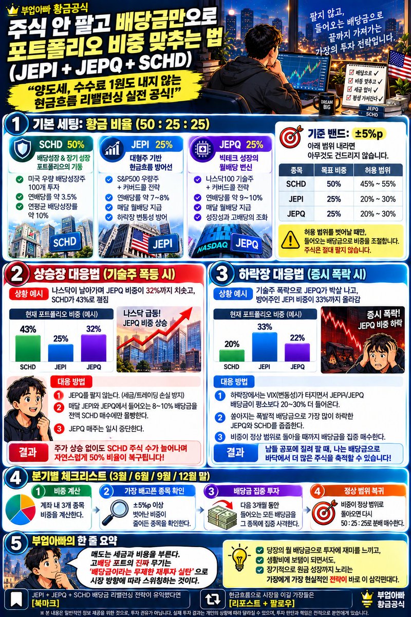 Booup_daddy's tweet photo. [주식 안 팔고 배당금만으로 포트폴리오 비중 맞추는 법 (JEPI+JEPQ+SCHD)]

​"상승장에 테크주(JEPQ)만 튀어나가고, 하락장에 SCHD가 밀릴 때 매번 주식을 팔아서 비중을 맞춰야 할까요?"

​정답은 "절대 팔지 말고, 들어오는 배당금의 '물길'만 바꾸는 것"이다.

양도세와 수수료를 1원도 내지 않는 '현금흐름 리밸런싱' 실전 공식을 공개한다.

​1️⃣ 기본 세팅: 황금 비율 (50 : 25 : 25)

​• SCHD 50% (성장/배당인상)

• JEPI 25% (대형/방어)

• JEPQ 25% (기술/고배당)

​기준 밴드: +-5%p
(SCHD는 45~55%, JEPI/JEPQ는 20~30% 범위 내라면 아무것도 건드리지 않는다.)

2️⃣ 상승장 대응법 (기술주 폭등 시)

​• 상황: 나스닥이 날아가며 JEPQ 비중이 32%까지 치솟고, SCHD가 43%로 꺼짐

• 대응

1) JEPQ를 팔지 않는다. (세금/트레이딩 손실 방지)

​2) 매달 JEPI와 JEPQ에서 들어오는 8~10% 고배당금을 전액 SCHD 매수에만 몰빵한다.

​3) JEPQ 매수는 일시 중단.

• 결과: 주가 상승 없이도 SCHD 주식 수가 늘어나며 자연스럽게 50% 비율 복구!

​3️⃣ 하락장 대응법 (증시 폭락 시)

​• 상황: 기술주 폭락으로 JEPQ가 박살 나고, 방어주인 JEPI 비중이 상대적으로 33%까지 올라감

• 대응

​1) 하락장에서는 VIX(변동성)가 터지면서 JEPI/JEPQ 배당금이 평소보다 20~30% 더 들어온다.

​2) 쏟아지는 폭발적 배당금으로 가장 많이 작살난 JEPQ와 SCHD를 줍줍한다.

• 결과: 남들 공포에 질려 팔 때, 나는 배당금으로 바닥에서 저가 매수 수량을 폭발적으로 축적!

​4️⃣ 분기별 체크리스트 (3/6/9/12월 말)

​1) 계좌 내 3개 종목 비중 계산

​2) +-5%p 이상 벗어난 '가장 배고픈(비중이 줄어든) 종목' 확인

​3) 다음 3개월 동안 나오는 모든 배당금을 그 종목에 집중 사격

​4) 비중이 정상 범위로 들어오면 다시 50:25:25 비율로 분배 매수

✅️ 부업아빠의 한 줄 요약

​"매도는 세금과 비용을 부른다. 고배당 포트의 진짜 무기는 '배당금이라는 무제한 재투자 실탄'으로 시장 방향에 따라 스위칭하는 것이다."

​📌 분기별 리밸런싱 가이드가 유익했다면 [북마크]

🔄 현금흐름으로 시장을 이길 가장들은 [리포스트 + 팔로우]