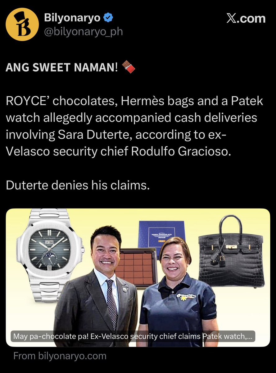 jesusfalcis's tweet photo. Ang sweet naman nila!

Royce chocolates, Patek, and Hermes.

Simple talaga si Sara. Simpleng bilyonarya!

😂 https://t.co/zp2hGGAGkg