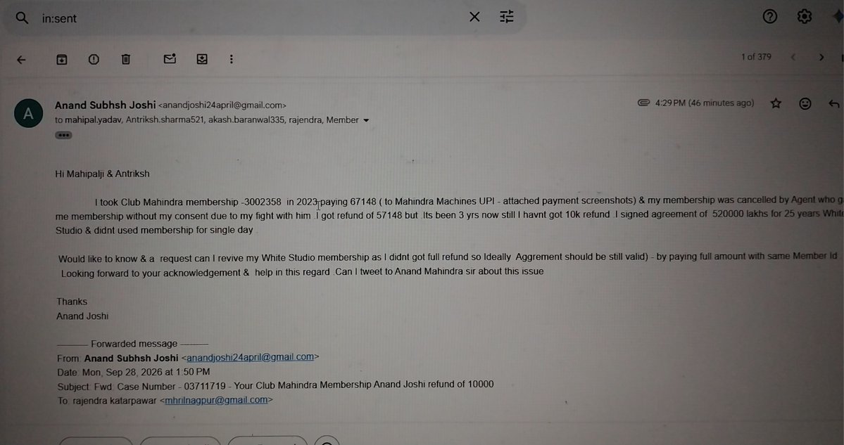 Andy007aprl's tweet photo. Hi @anandmahindra sir I took Club Mahindra membership in 2023 through Agent for White Studio 25 yrs paid 67k &amp; Agent cancelled my membership due to a fight without my consent  but I got refund  57k .Its been more then 3 yrs still waiting for 10k refund.Pls help  TechM https://t.co/8Gqgyn8Hym