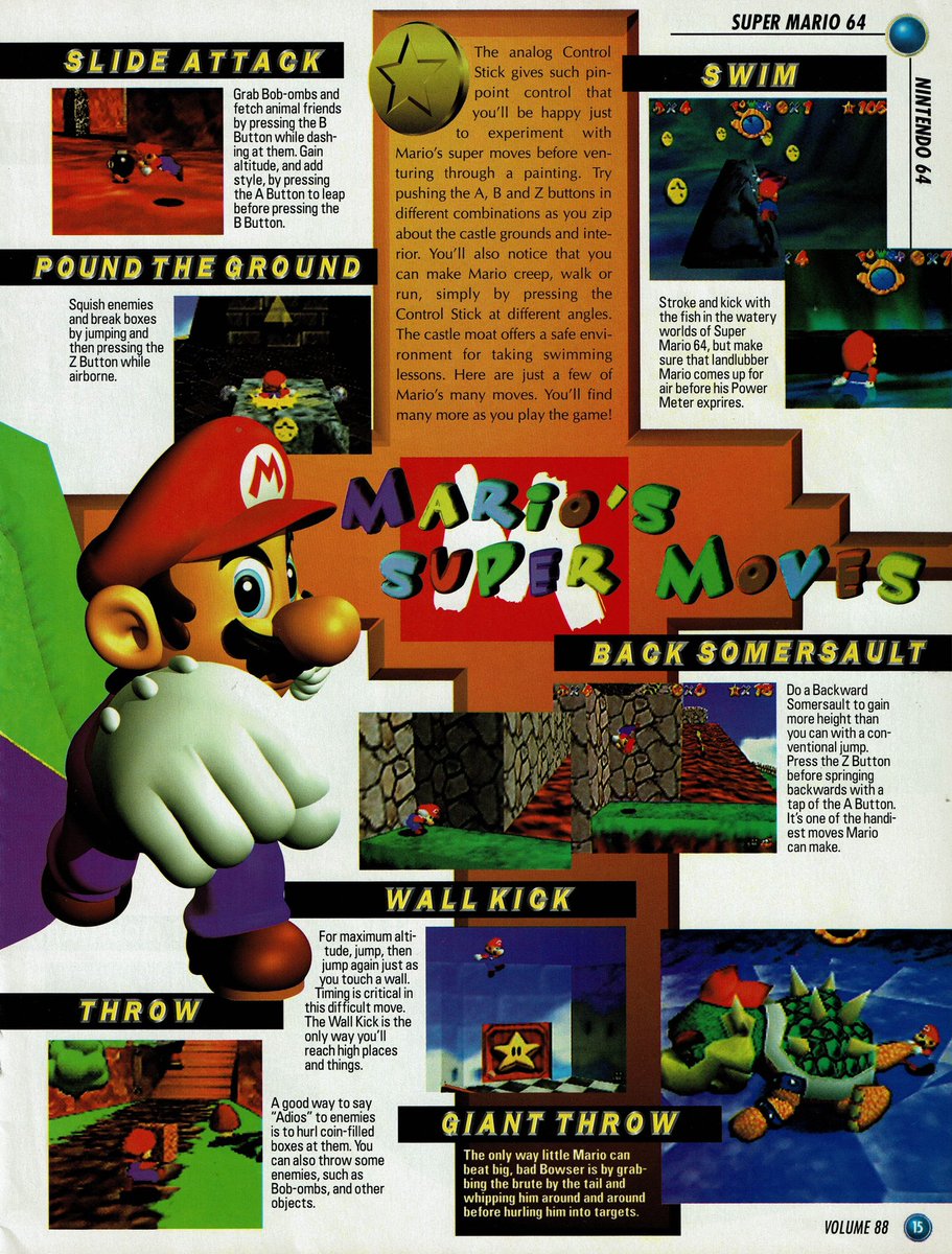 VGArtAndTidbits's tweet photo. Nintendo Power vol. 88 - Super Mario 64 coverage excerpts (1996).

They call it "Toadstool’s Castle" even though this was the first mainline US Mario game to use "Peach." Maybe they thought their preview copy had unfinished translations and assumed it would change upon release. https://t.co/a88rxQFitq
