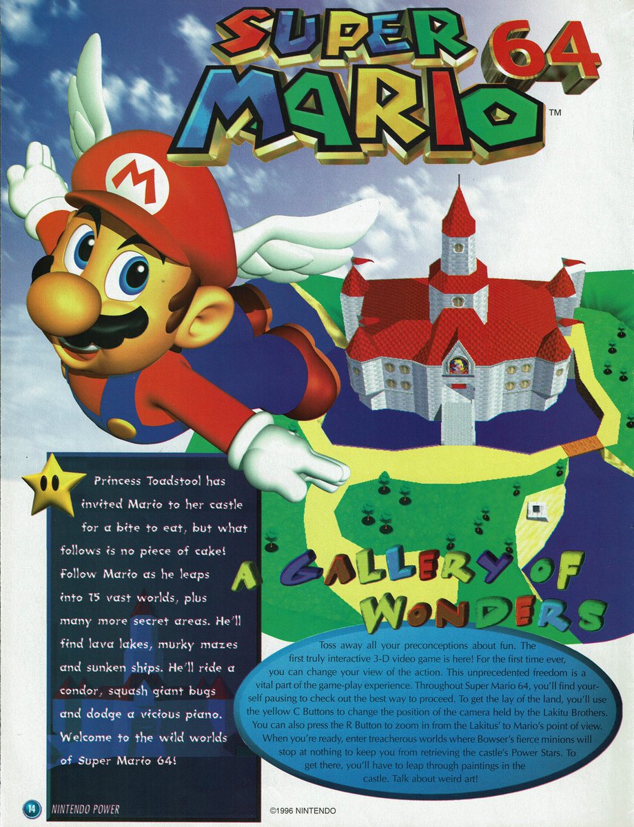 VGArtAndTidbits's tweet photo. Nintendo Power vol. 88 - Super Mario 64 coverage excerpts (1996).

They call it "Toadstool’s Castle" even though this was the first mainline US Mario game to use "Peach." Maybe they thought their preview copy had unfinished translations and assumed it would change upon release. https://t.co/a88rxQFitq
